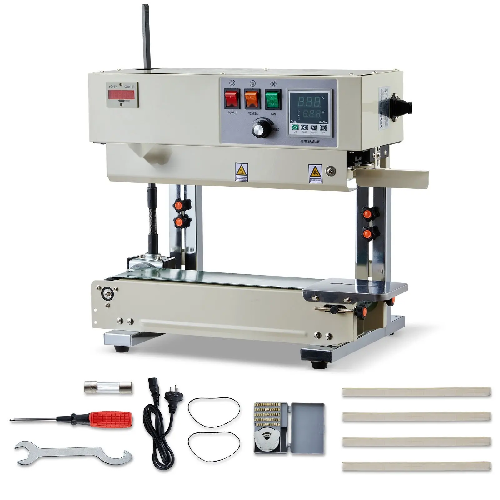 Vertical Continuous Band Sealing Machine - Adjustable Temperature & Speed, 0.24-0.47in Width, Roller Printing, Seals Bags for 0.001-0.03in Plastic Bags, Kitchen & Household Packaging Equipment