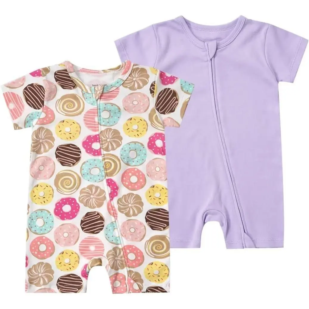 Unisex Baby 2-Pack Cotton Pajamas Short Sleeve 2-Way Zipper Printed Solid Romper Jumpsuit Sleep and Play(Gift)