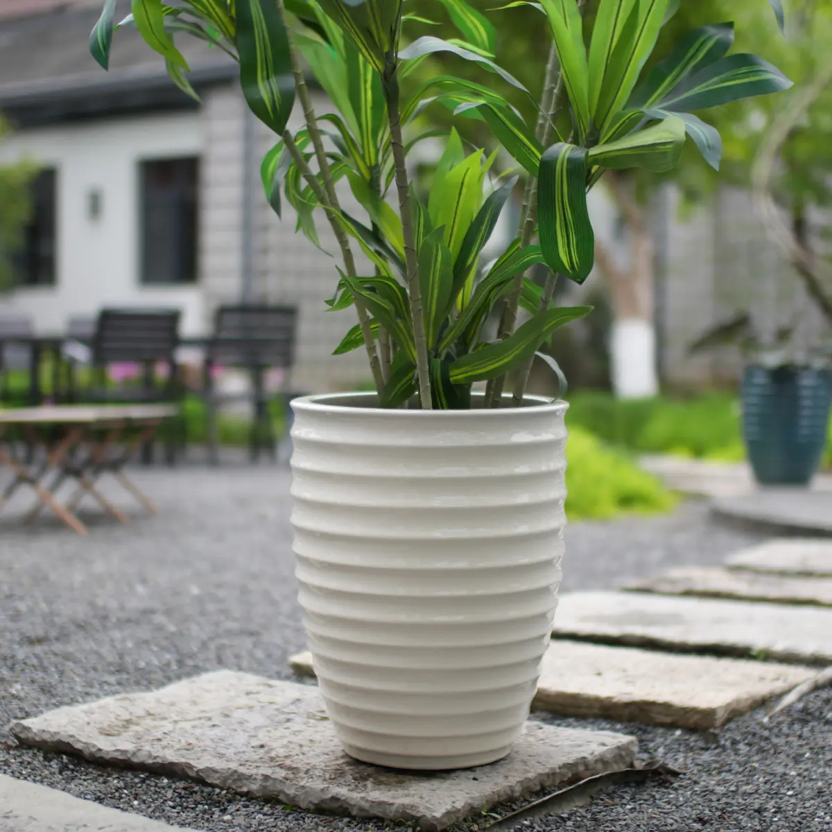 Oversized 16.54 in Pure White Ice Crack Glaze Ceramic Planter Pot - Horizontal Ripple Handmade Porcelain Container, High-Temperature Kiln Firing, Minimalist Room Decor, Pressure Grouting for Monstera Fiddle Leaf Fig - Indoor Outdoor Garden Flower Pots, Pl