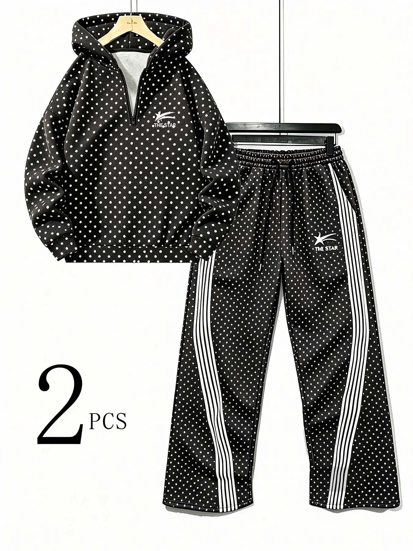 Two-Piece Set: Half-Zip Hoodie with Star Letter Print, Striped Drawstring Wide-Leg Pants, Soft Fleece Lining, Casual Fall & Winter Wear