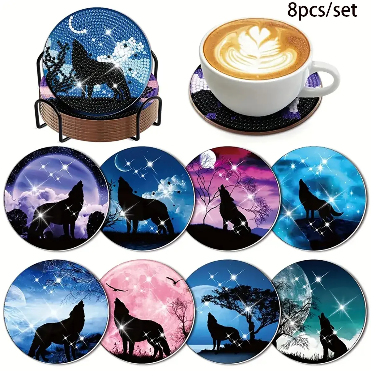 8-Piece Diamond Art Coaster Set with Stand, DIY Wolf Pattern Diamond Art Coasters, Diamond Painting Coasters, Suitable for Adults and Beginners, Perfect Gift