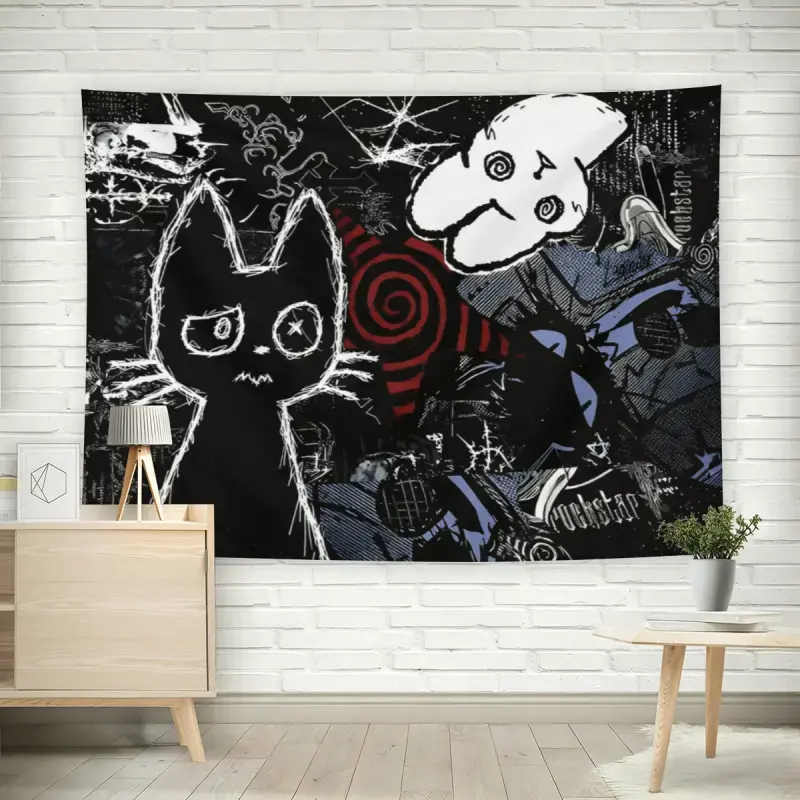 Grunge Black Cat Collage Tapestry, Decorative Alternative Art Print Wall Hanging, Black Flash Manga-Style Emo Aesthetic Artwork for Adult Fans, 60in x 40in Peach Skin Fabric Single-Sided Decor for Living Room Bedroom