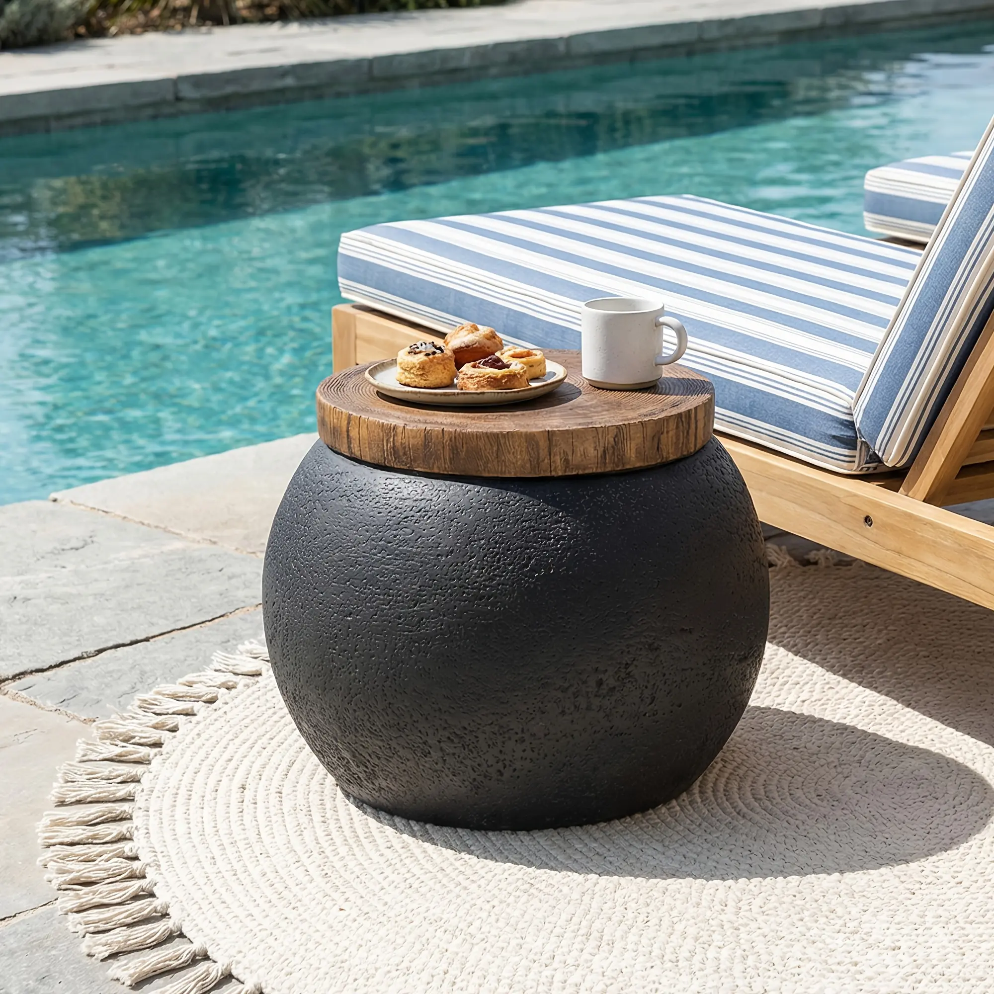 17" Outdoor Indoor Side Table for Patio, Accent Decorative Garden Stool Wooden-Look Top Concrete Table for Room Bedroom, Garden, Backyard