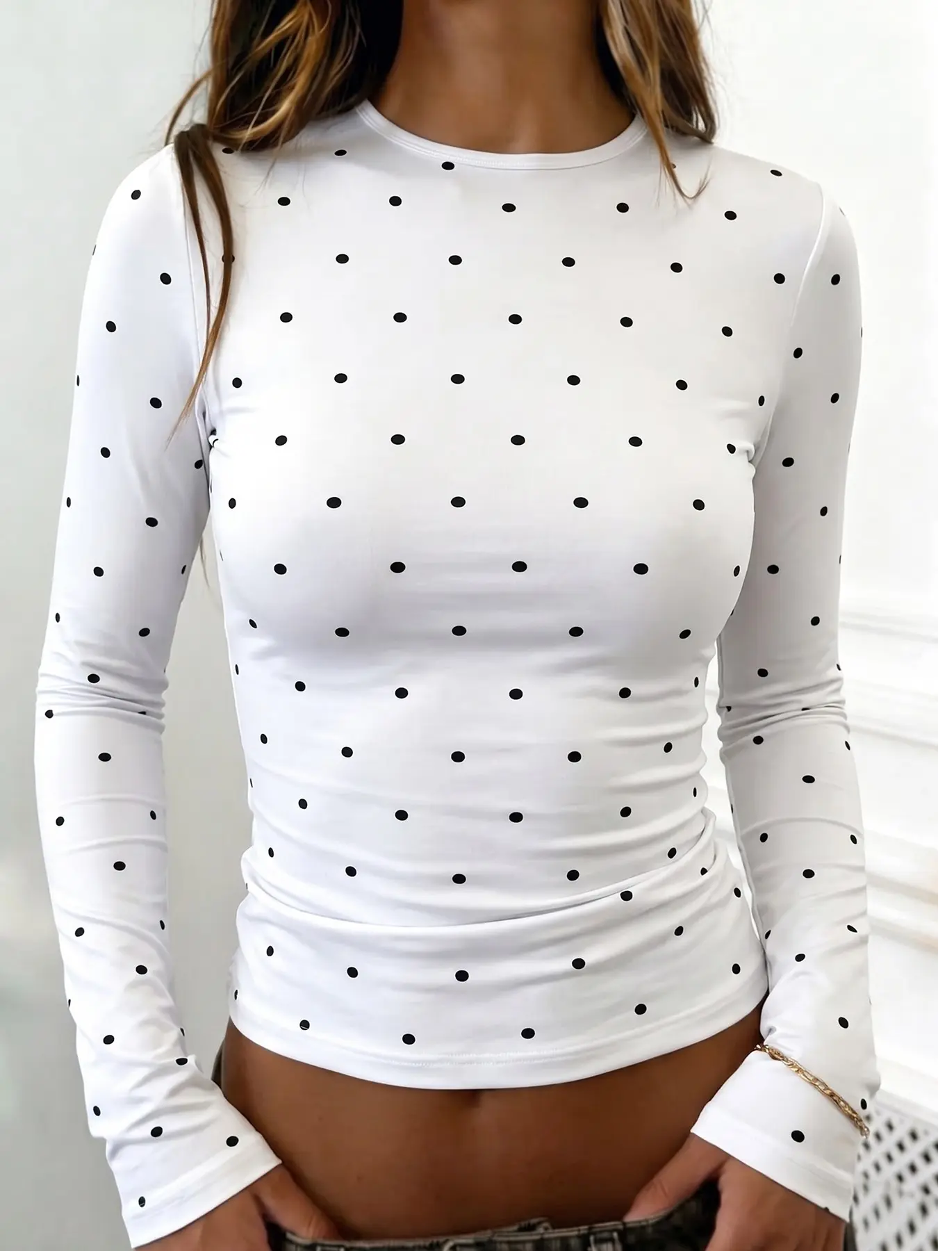 Women Vintage Polka Dot Crew Neck Slim Crop Long Sleeve Top, Elastic Stretch Fitted Short Length Layering T-Shirt, Retro Dot Print Blouse Match Jeans For Daily Street Outfit, Casual Clothing #tiktokshopmademebuyit #croptop #polkadot #longsleevetop