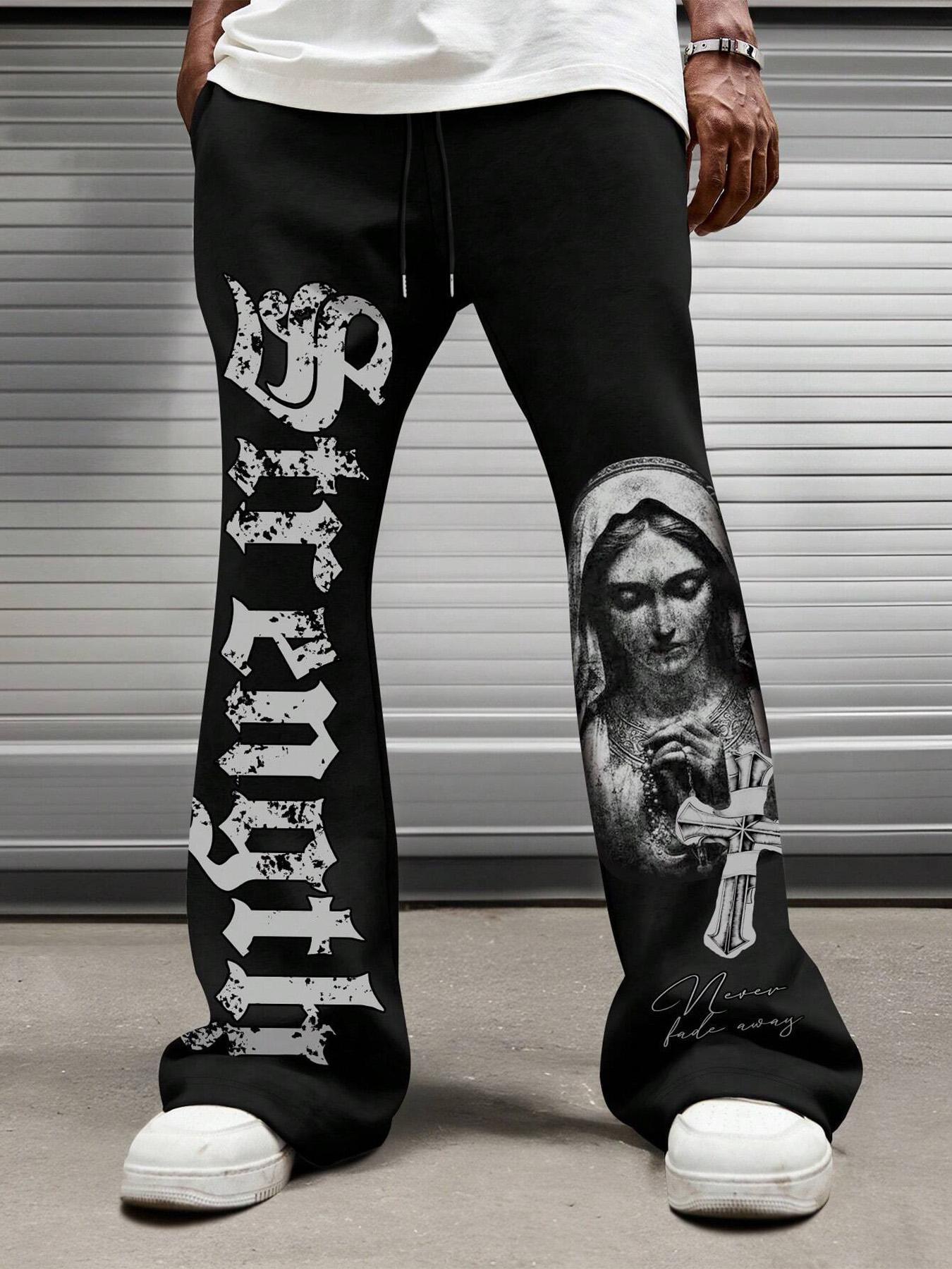 Men's Graphic Print Drawstring Waist Flare Leg Sweatpants, Street Fashion Casual Regular Fit Pocket Design Elastic Waist Trousers for Daily Wear, Men's Bottoms for All Seasons, Casual Streetwear Trousers