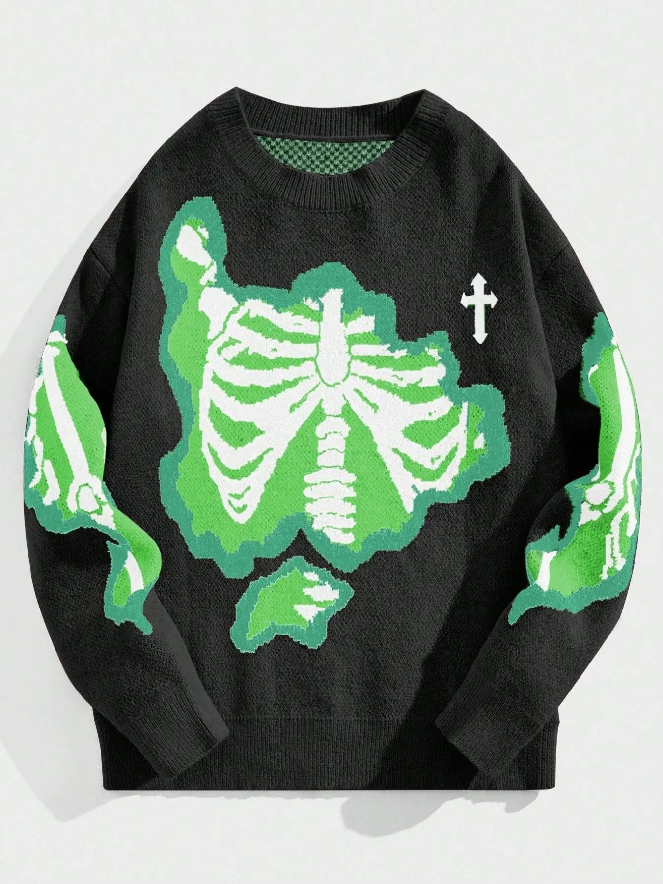 Skull Pattern Round Neck Sweater, Cross Color Loose Knit Top, Autumn Winter Subculture Streetwear, Slimming Warm Pullover