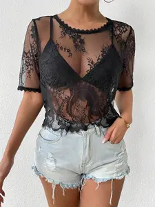 1pc Black Sheer Lace Short Sleeve Top, Crew Neck Cropped Hollow Out Cover-Up (NO BRA INCLUDED), Hot Girl Outfit for Daily Wear