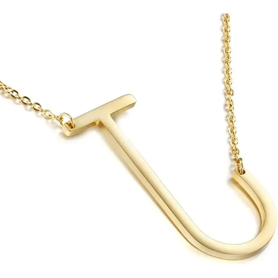 Sideways Initial Pendant Necklace 18K Gold Plated Stainless Steel Large Script Letter Monogram Necklace for Women