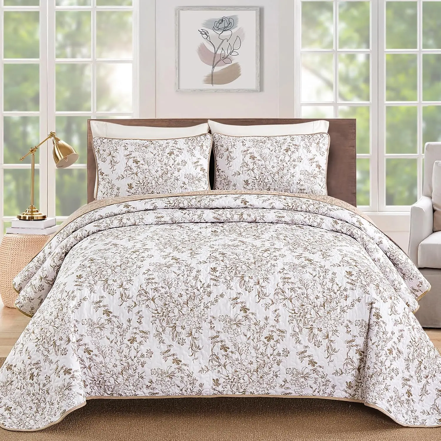 Botanical Queen Size, 3 Pieces Bedspread Set,Brown| Floral Printed, Microfiber Coverlet,Breathable All-Season, Fits Queen 96"x90", Perfect for Bedroom Guest Room Home Decor