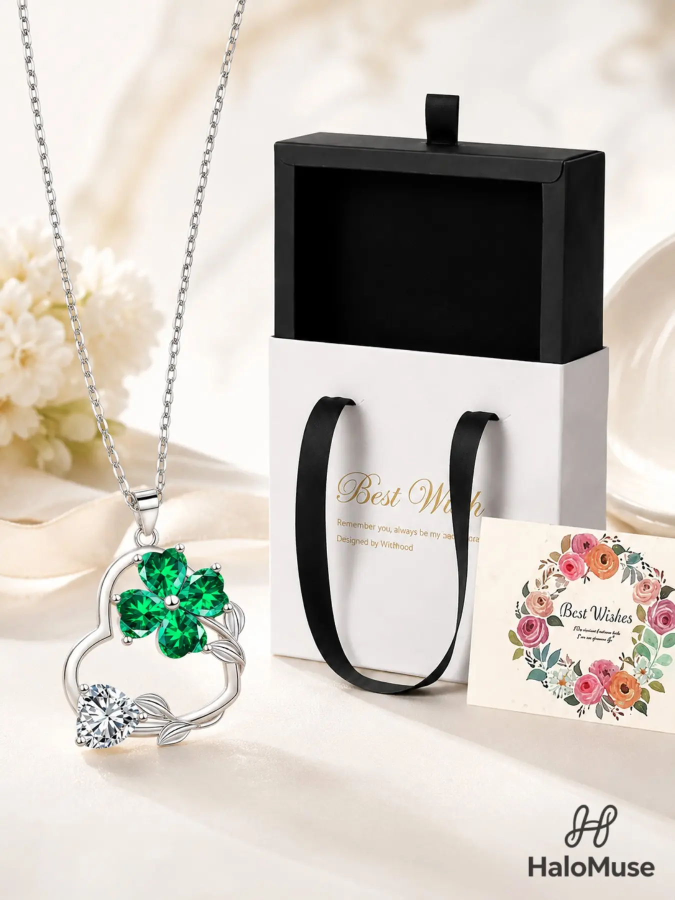 Halo Muse 1 Set Lucky Four Leaf Clover Heart Green Diamond Necklace Drawer Gift Box Set, Fresh Healing Vibe, Emerald Clover Heart Pendant with Card, Birthday Gift for BFF, Daily Versatile Clavicle Chain