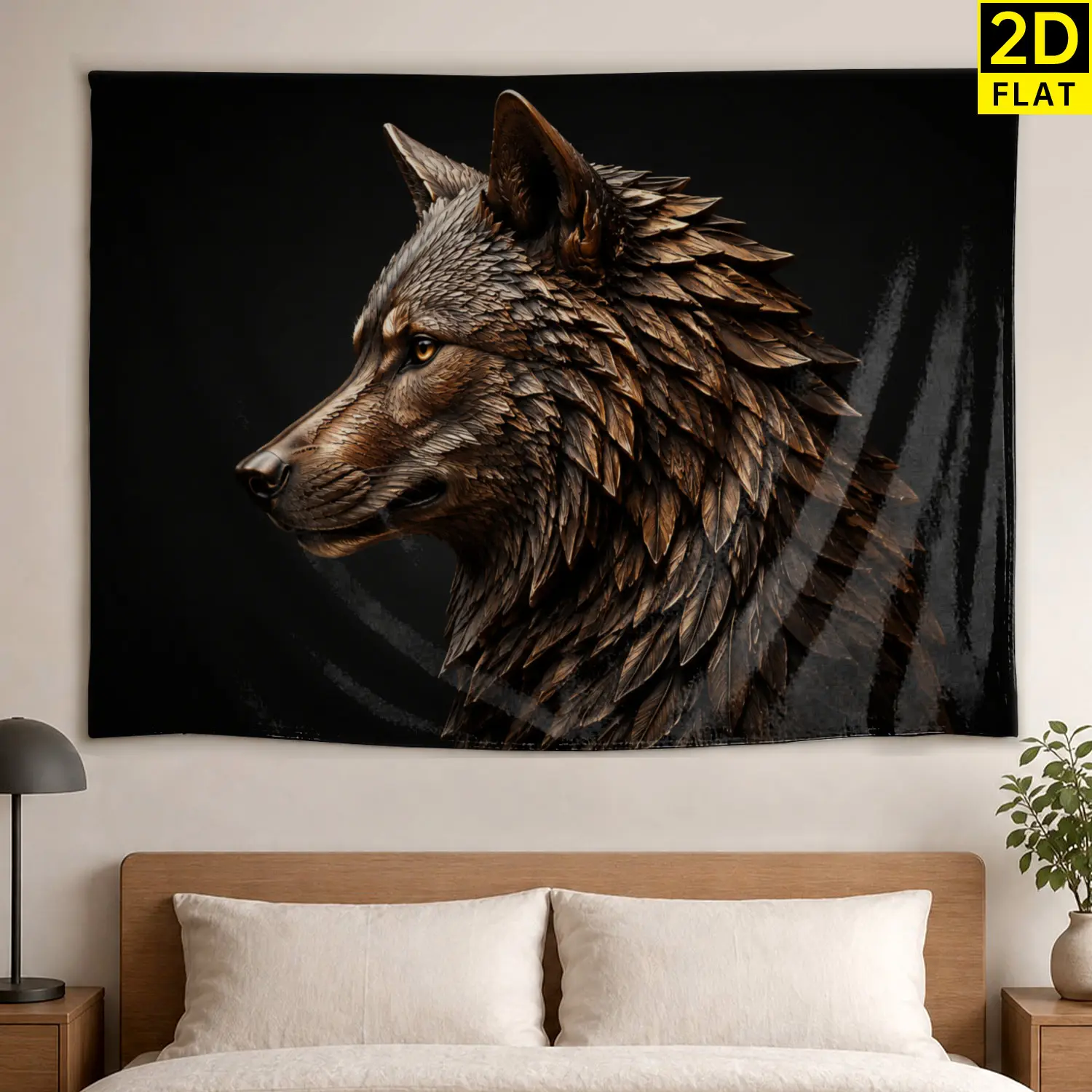 Bronze Wolf Head Portrait Wall tapestry, Large size Printed Horizontal Tapestry blanket, Polyester Fabric Wall Hanging for living room, bedroom, No Installation Required, Indoor, Outdoor, Gift for Family and Friends