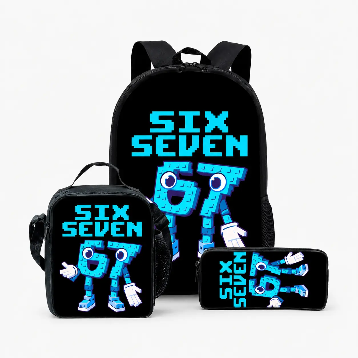 Cartoon character number 67 printed backpack three piece set including lunch bag and pencil case School Backpack Geometric Pattern Backpack Cute Daypacks
