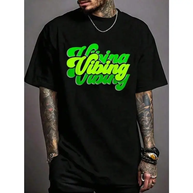 Summer ClothesMen Green Vibe Graphic T-Shirt Neon Green Print On Black A Bold Statement Perfect For Everyday Wear And Parties Vibrant Lime Green Lettering Formal Fit Men Stylish Top With Green Vibe Graphic Comfortable Fit Crew Neck Short Sleeves