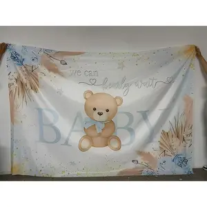 Baby Shower Birthday Party Banner, Polyester Backdrop Banner, 1 Count Cute Bear Pattern Birthday Party Backdrop, Indoor & Outdoor Party Background Decoration Supplies, Ornaments, Party Decorations Banners