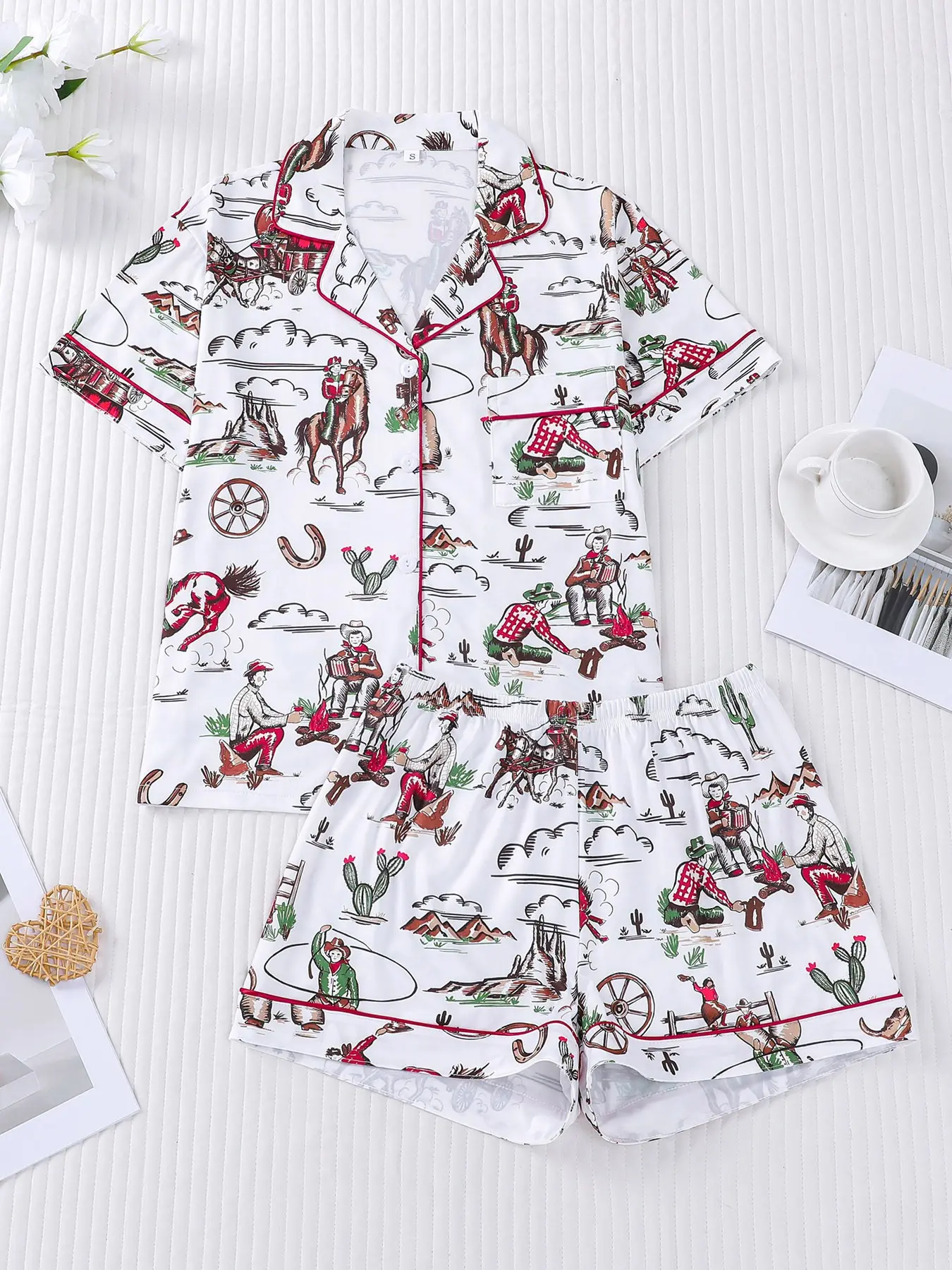 Women's 2-piece pajama set, Nightwear Pjs, Nightwear, with retro Western cowboy prints of wild horses & cactus, red contrast piping, lapel short sleeve top with pocket, soft elastic waist shorts, vintage loungewear all-season
