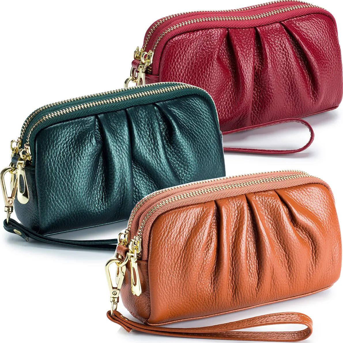 Women Ruched Double Zipper Genuine Leather Wristlet Purse Multi‑Pocket Phone Wallet with Detachable Wrist Strap Large Capacity Handbag