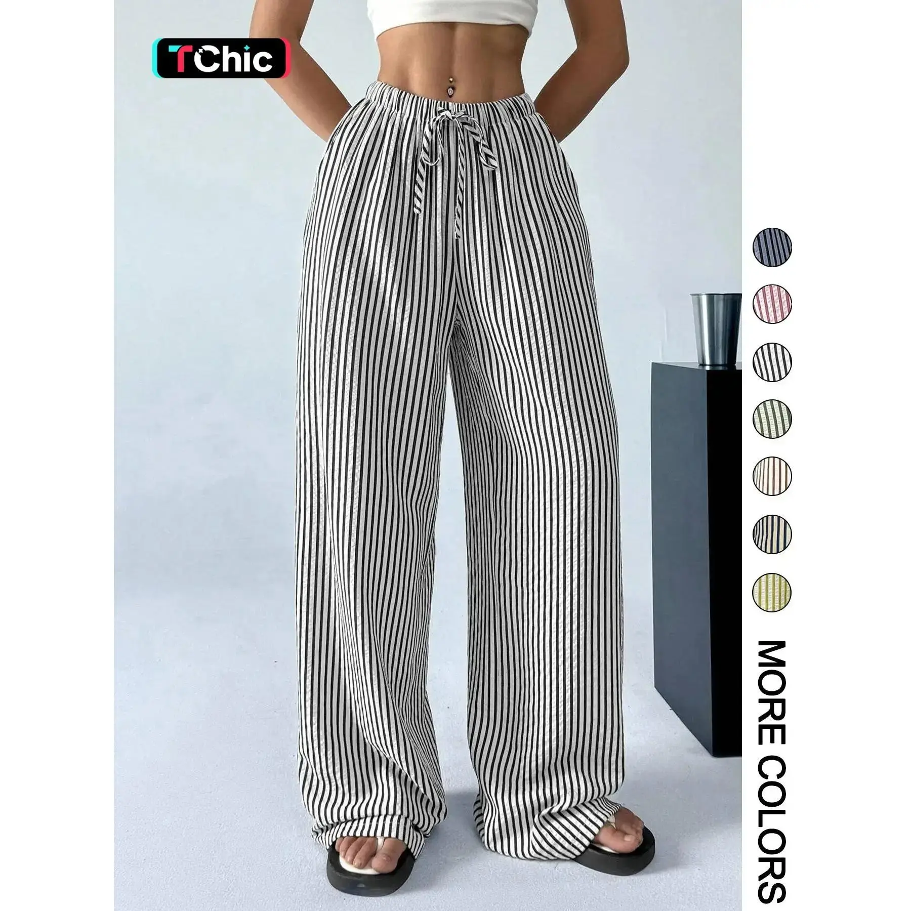 Women's Striped Print Adjustable Drawstring Waist Pants, Casual Comfy Wide Leg Trousers for Daily Wear, Ladies Bottoms for All Seasons