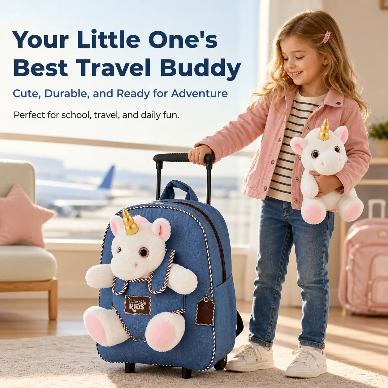 Kids Unicorn Plush Rolling Luggage Suitcase For Girls 12.5 Inch Oxford Cloth Toddler Trolley Backpack With Detachable 3D Unicorn Doll Lightweight Pressure Relief Air Cushion Straps Travel Carry On Bag Ages 2-9