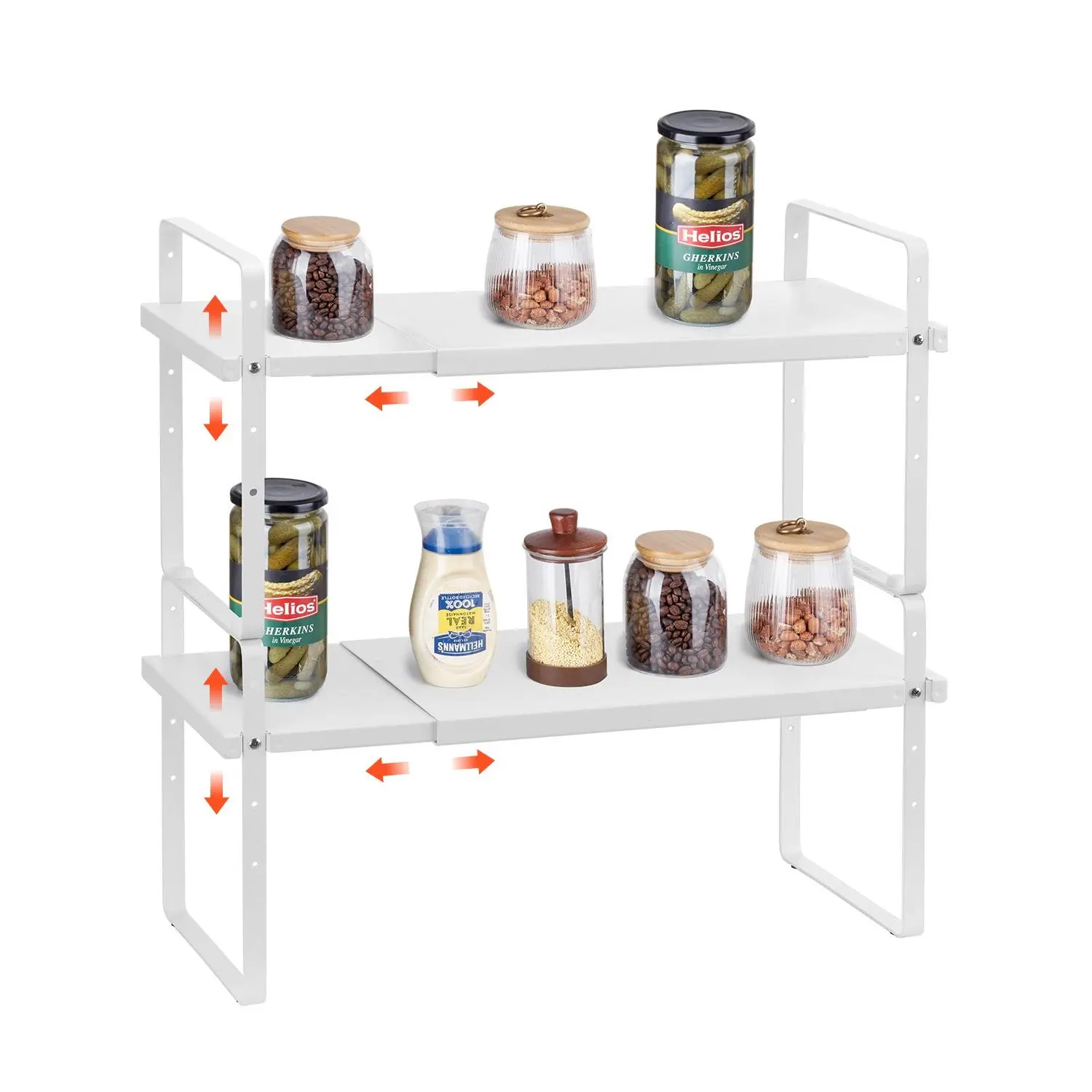 VEVOR Adjustable Kitchen Cabinet Shelf Organizer, Expandable 2 Tier Cabinet Shelf, Stackable Countertop Organizers and Storage Shelf Risers, Pantry Organizers for Kitchen Bathroom Office, White