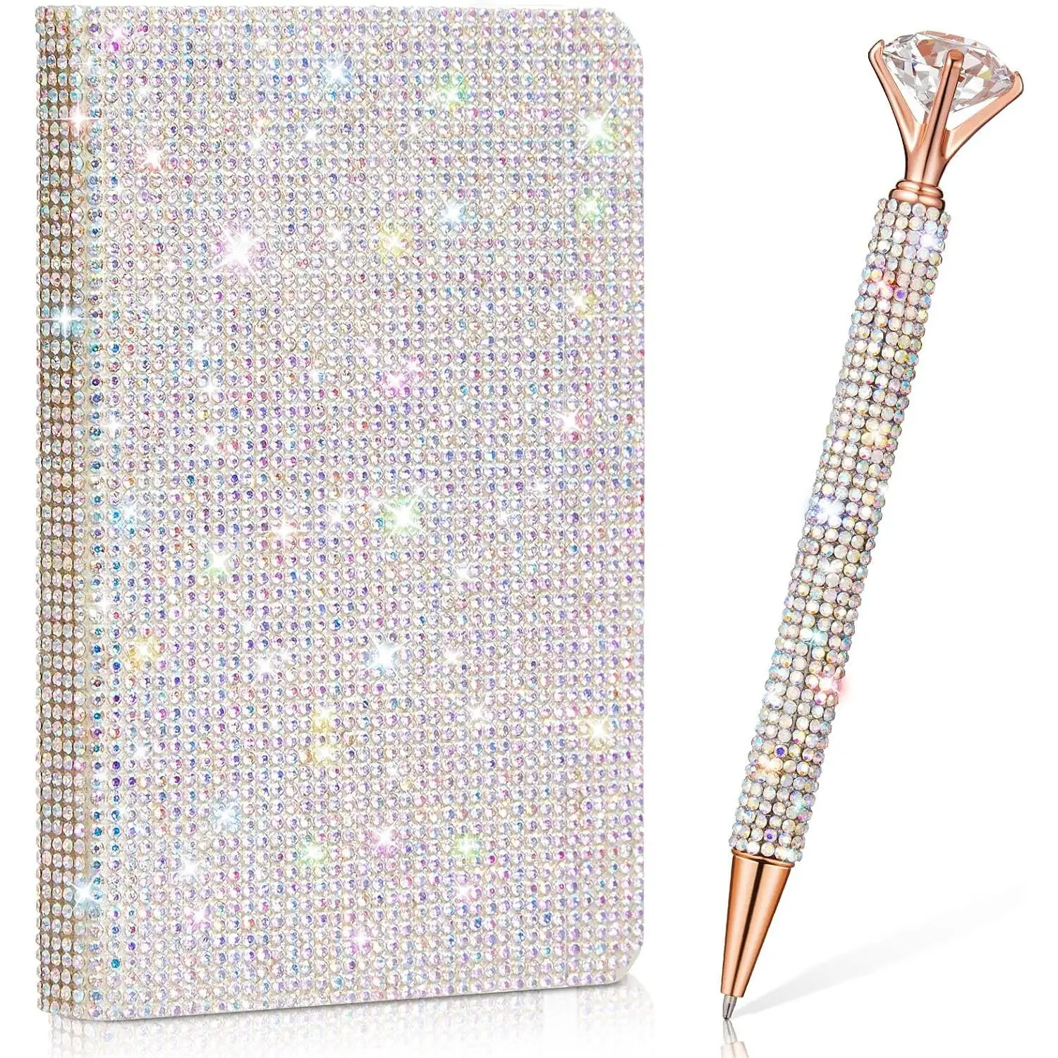 Rhinestone Pen & Glitter Notebook Set, Hard Cover Bling Diary Journal for Girls, Cute School Supplies for  to School, Sparkly Desk Accessories  for Women(Rhinestone,A6,)