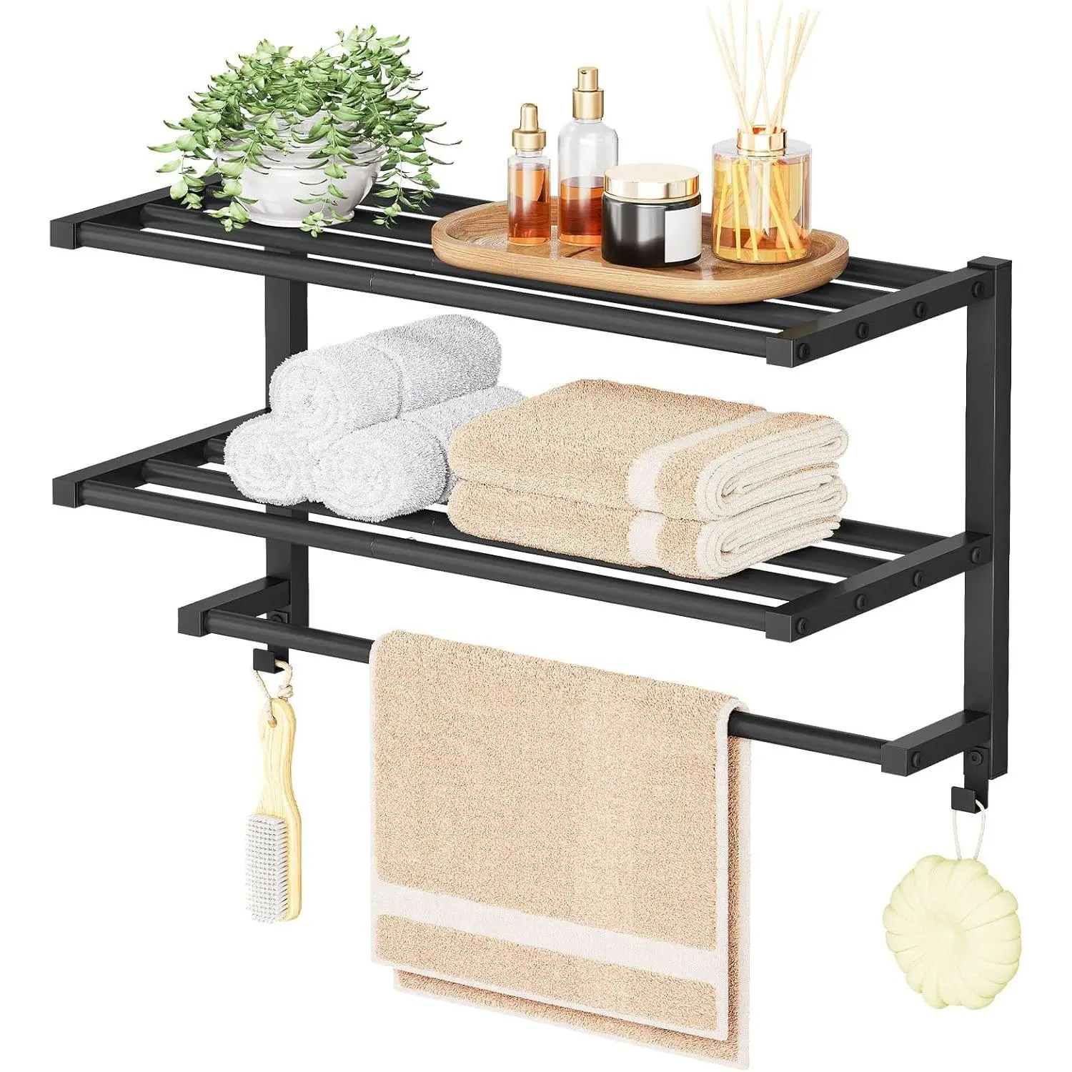 23.8" Towel Rack for Bathroom, 3 Tier Towel Shelf with Tower Bars, Bathroom Storage Organizer for Towels and Toiletries, Towel Holder Wall Mounted with 2 Hooks, Black BK08LB01