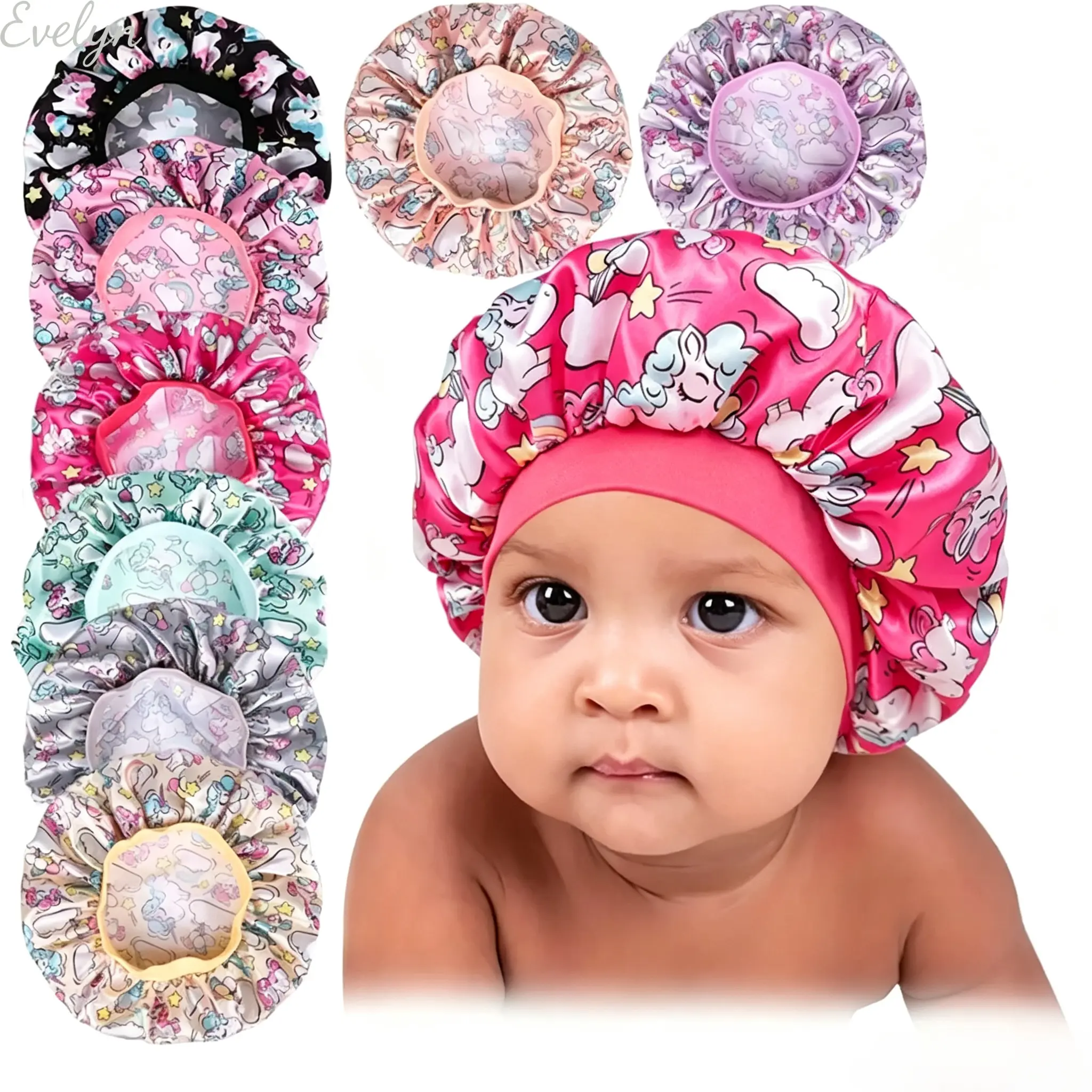 Cute Printed Satin Sleep Bonnet for Kids, Soft & Breathable Hair Care Cap for a Child's Nighttime Sleep & Bath Routine, Baby Items, Plain, Reusable, Basic