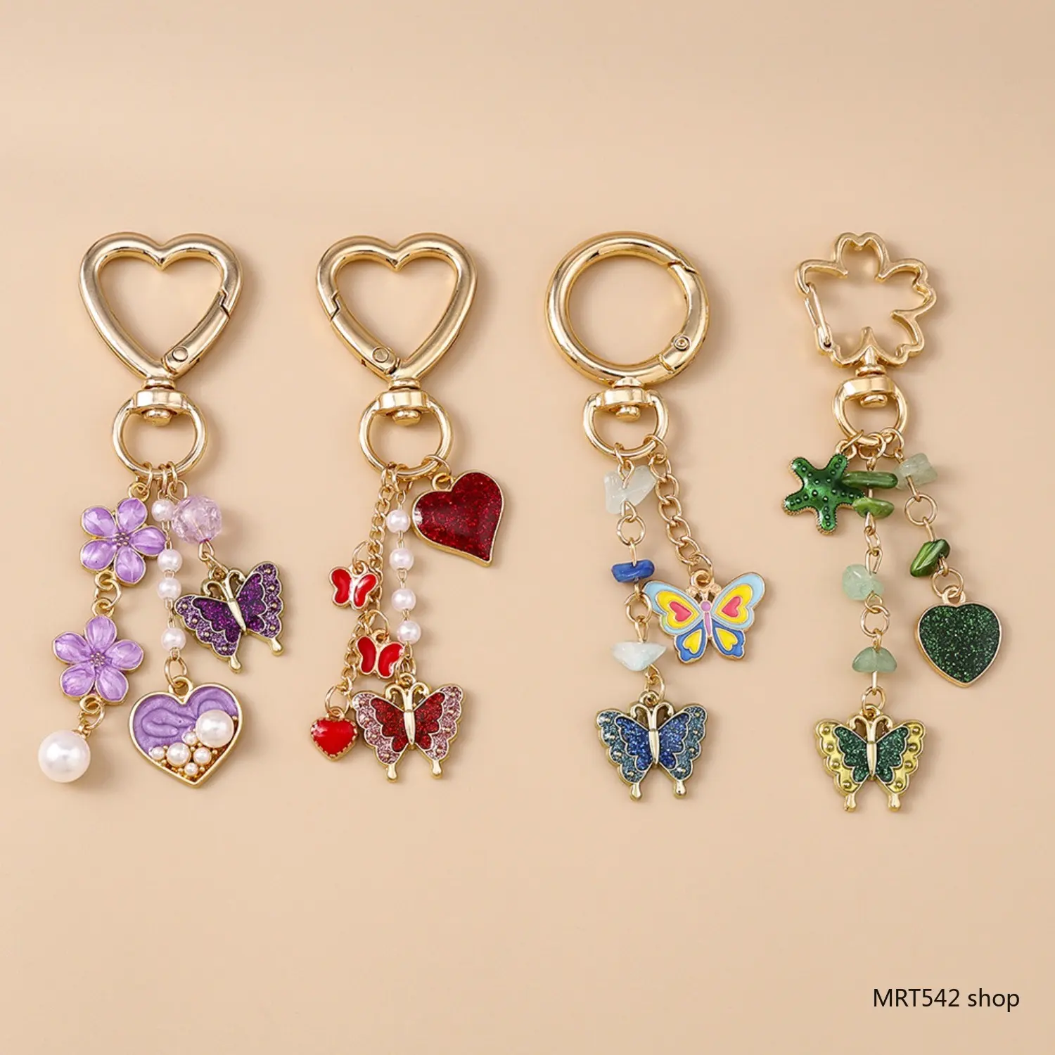 Cute Butterfly Keychain Purple Flower Pearl Beads Crystal Stone Pendant Gold Key Ring Aesthetic Women Bag Charm Daily Gift