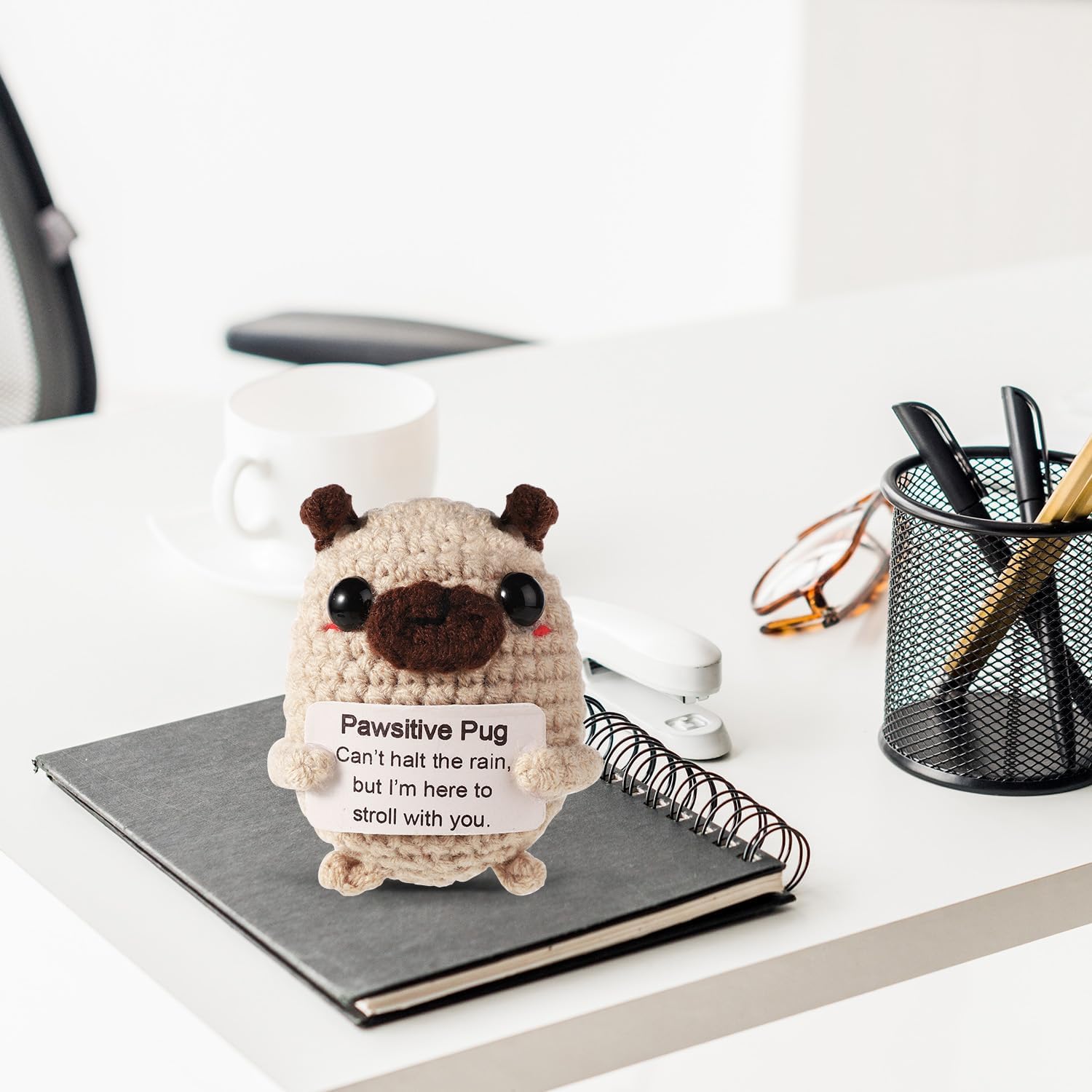 Super cute positive animals crochet pug plush! Tiny knitted lucky charm dolls for emotional support and encouragement. Ideal sweet gifts for friends, family, or charming party decoration. Small in size but big in love and warm comforting vibes.