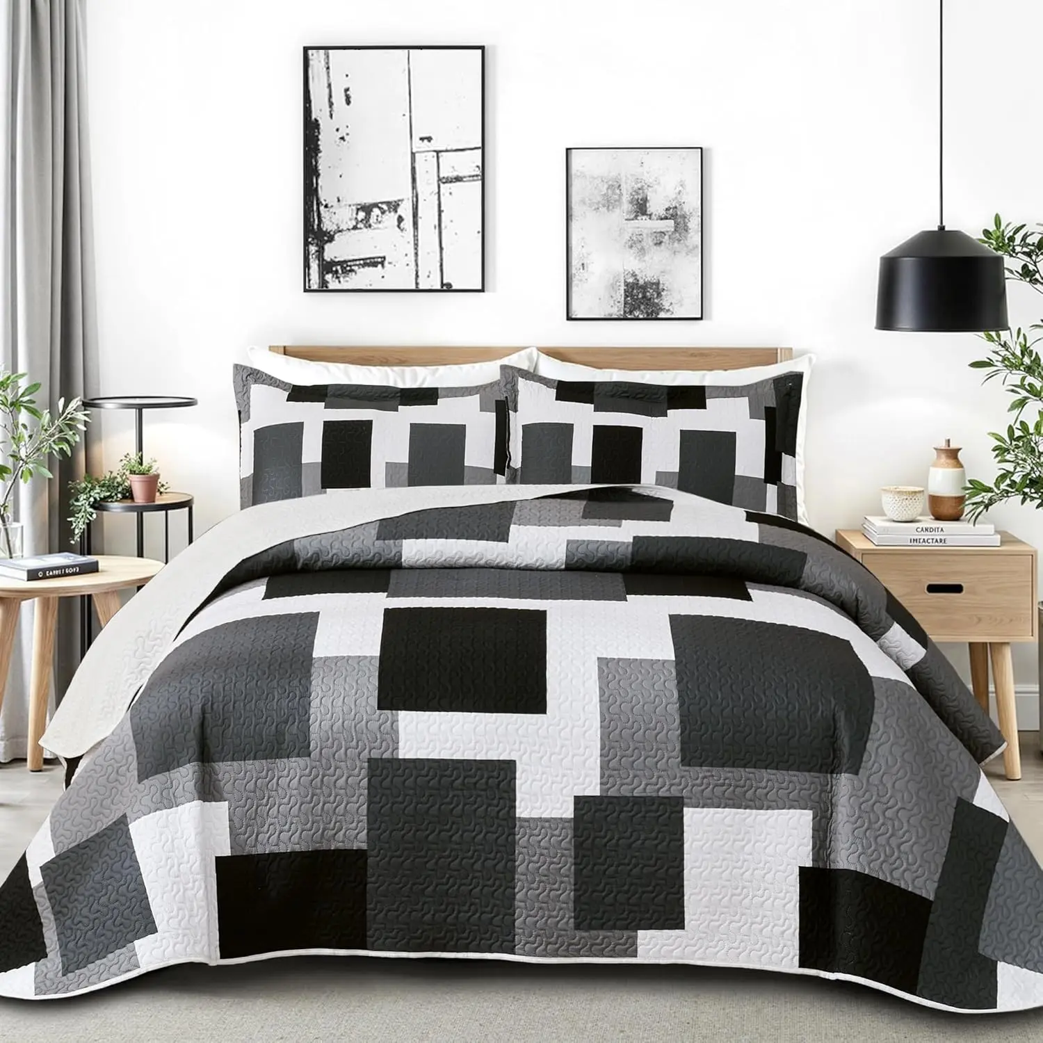 Women's 3-Piece Microfiber All-Season Bed Set, Full/Queen Size (90x96in) Black-Grey & Black-White Geometric Reversible Lightweight Bedspread Coverlet with 2 Shams, Modern Design