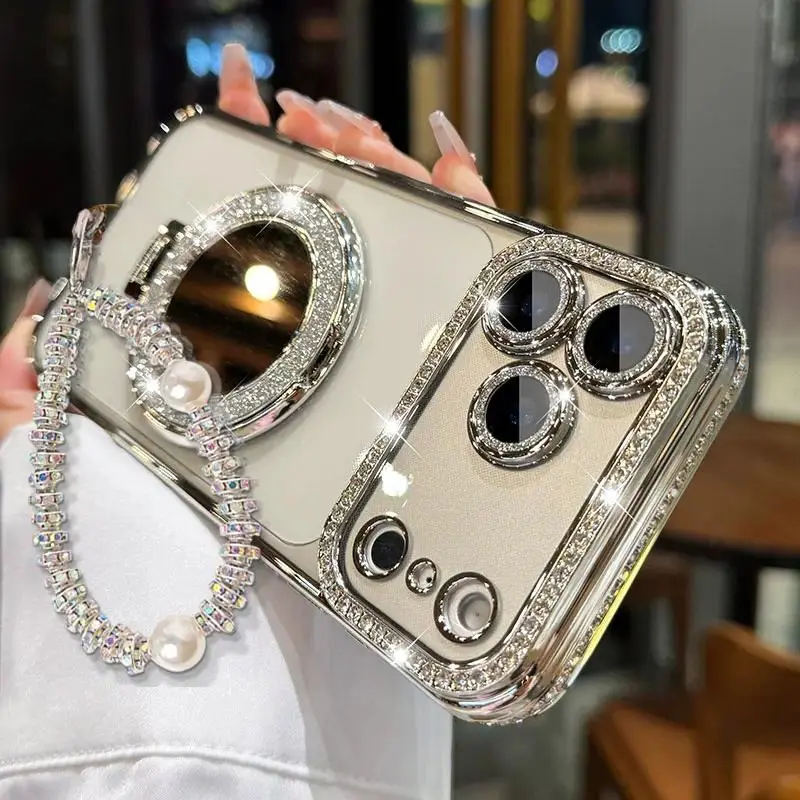 Women's Protective Shockproof Phone Case with Mirror & Stand for iPhone Series - TPU Shell, Shiny Frame, HD Transparent Polycarb, Full-Body Drop-Resistant, Phone Accessories, Fits iOS 12/13/14/15/16/17 Pro Max,17 Air,14/15/16 Plus
