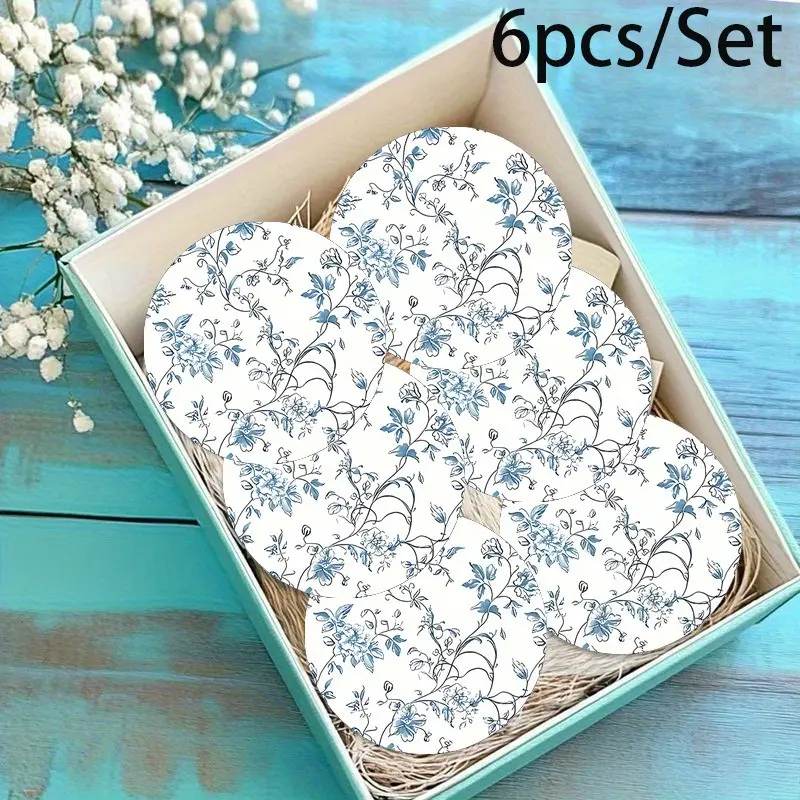 Vintage Floral Coaster Set of 6, Round Shape Blue and White Chinoiserie Drink Mats, Heat Resistant for Home Table & Car Cup Holders Gloss Acrylic Paint Hot Rod Red