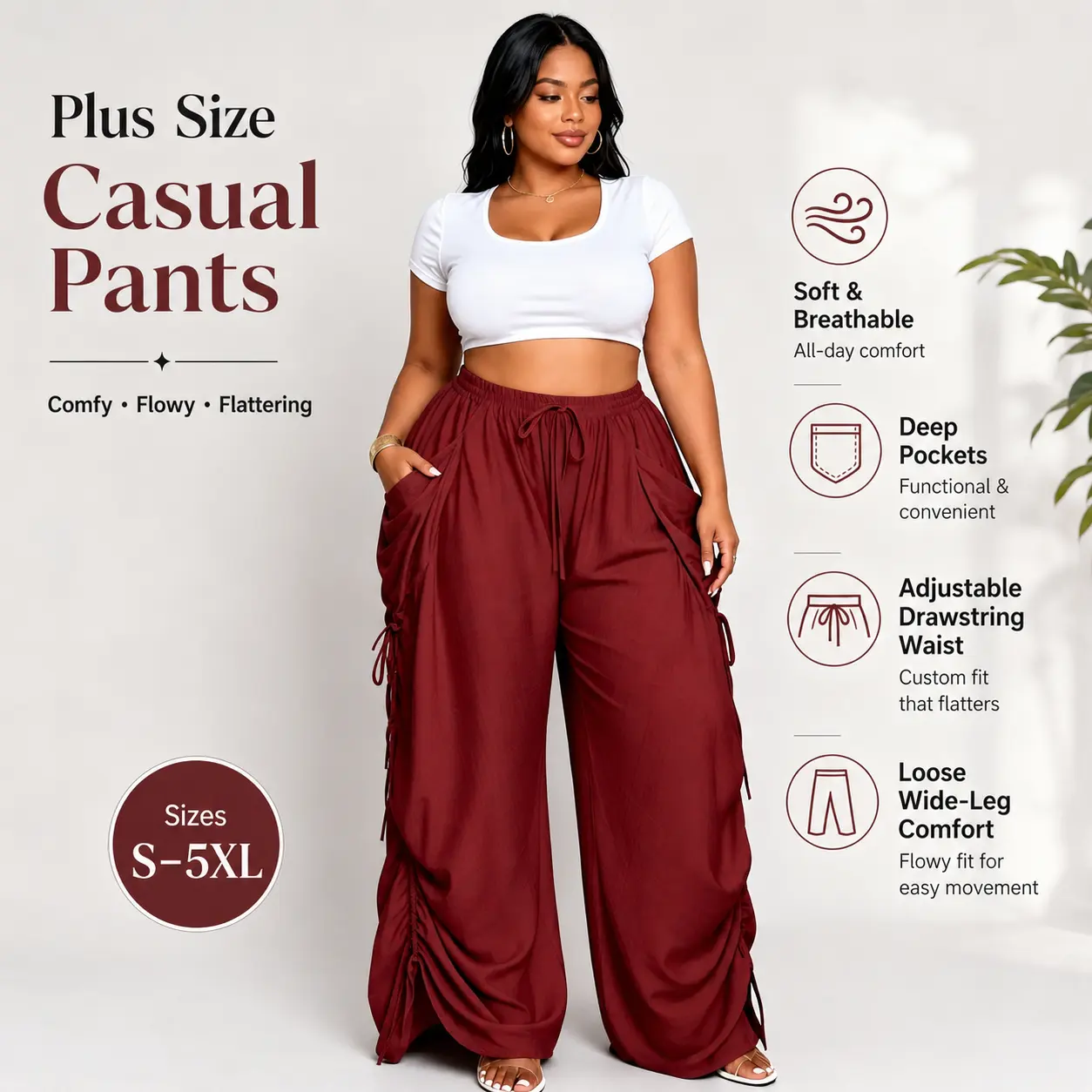 Women Plus Size Drawstring Wide Leg Casual Pants S-5XL, Lightweight Skin-Friendly Breathable Flowy Trousers with Side Pocket & Ruched Detail, Loose Slimming Draped Palazzo Pants for Daily Streetwear Vacation Loungewear All Day Comfort