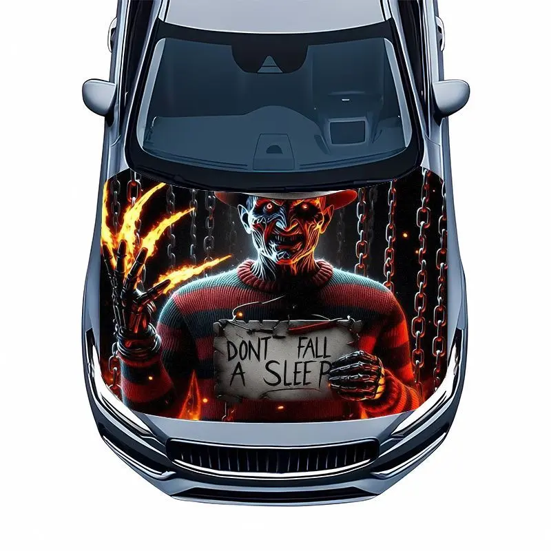 Freddy Krueger Car Hood Decal Featuring a Terrifying Twisted Face And Clawed Hands, Accompanied by a 'DON'T FALL ASLEEP' Message. The Design Includes Fiery Embers And Chains, Making It a Waterproof Graphic for Trucks