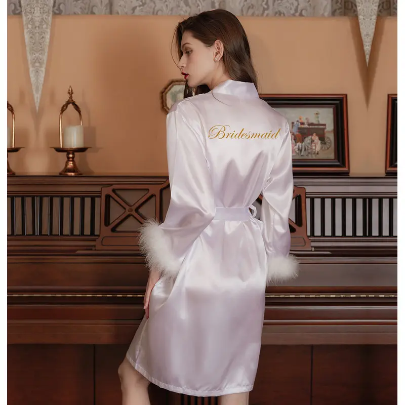 1pc Elegant Satin Bridal Robe - All-Season Long Sleeve Dressing Gown with Embroidered 'Bride' Detail, Deep V Neck, Contrast Lace, and Belt for Women
