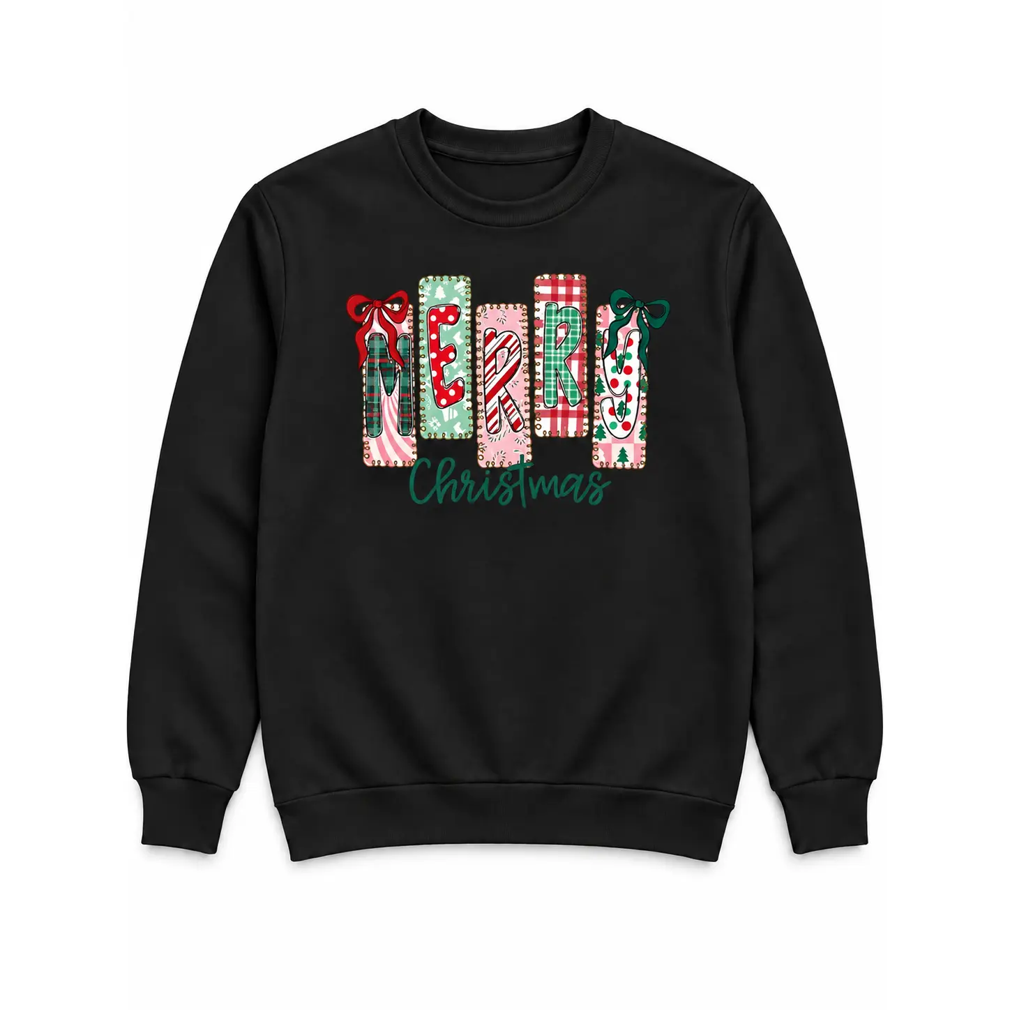 Merry Christmas Patchwork Letter Graphic T-Shirt or Crewneck Sweatshirt, Colorful Holiday Typography with Bows, Unisex Festive Shirt