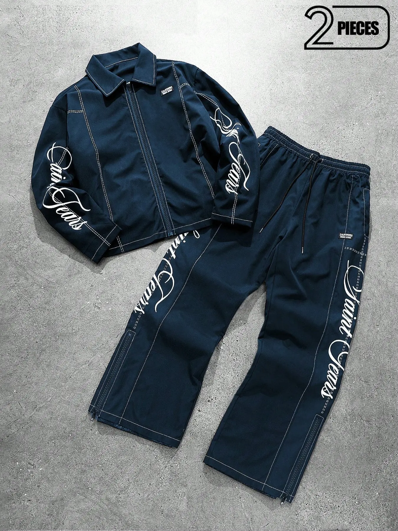 Men's Navy Two-Piece Set, Lapel Zip Jacket with Wide Leg Pants, Chicano Print Lightweight Windproof Streetwear, Spring & Fall Casual