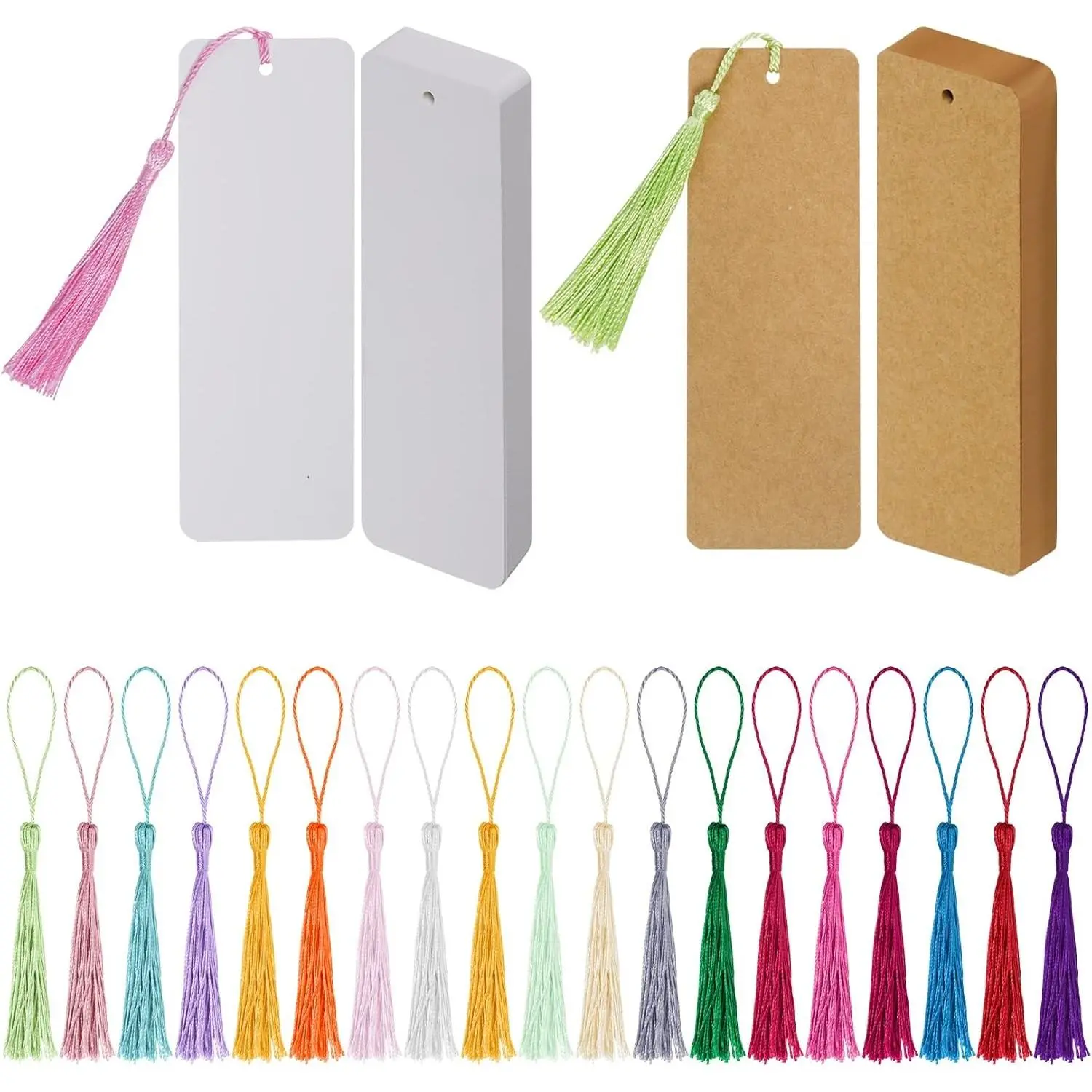 120 Pcs Kraft Paper Blank Bookmarks with 100 Pcs Colorful Tassels Paper Bookmarks for DIY Art Projects, School Supply, Gifts Tags 5.5x2 inch (120)