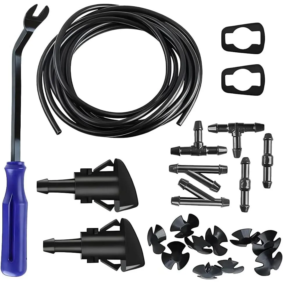 22 count 4 m Windshield Washer Hose Kit with Fan Nozzles, Blue | flexible rubber hose, trims to length, multiple connectors, fan nozzles and clips, helps clear windshield grime