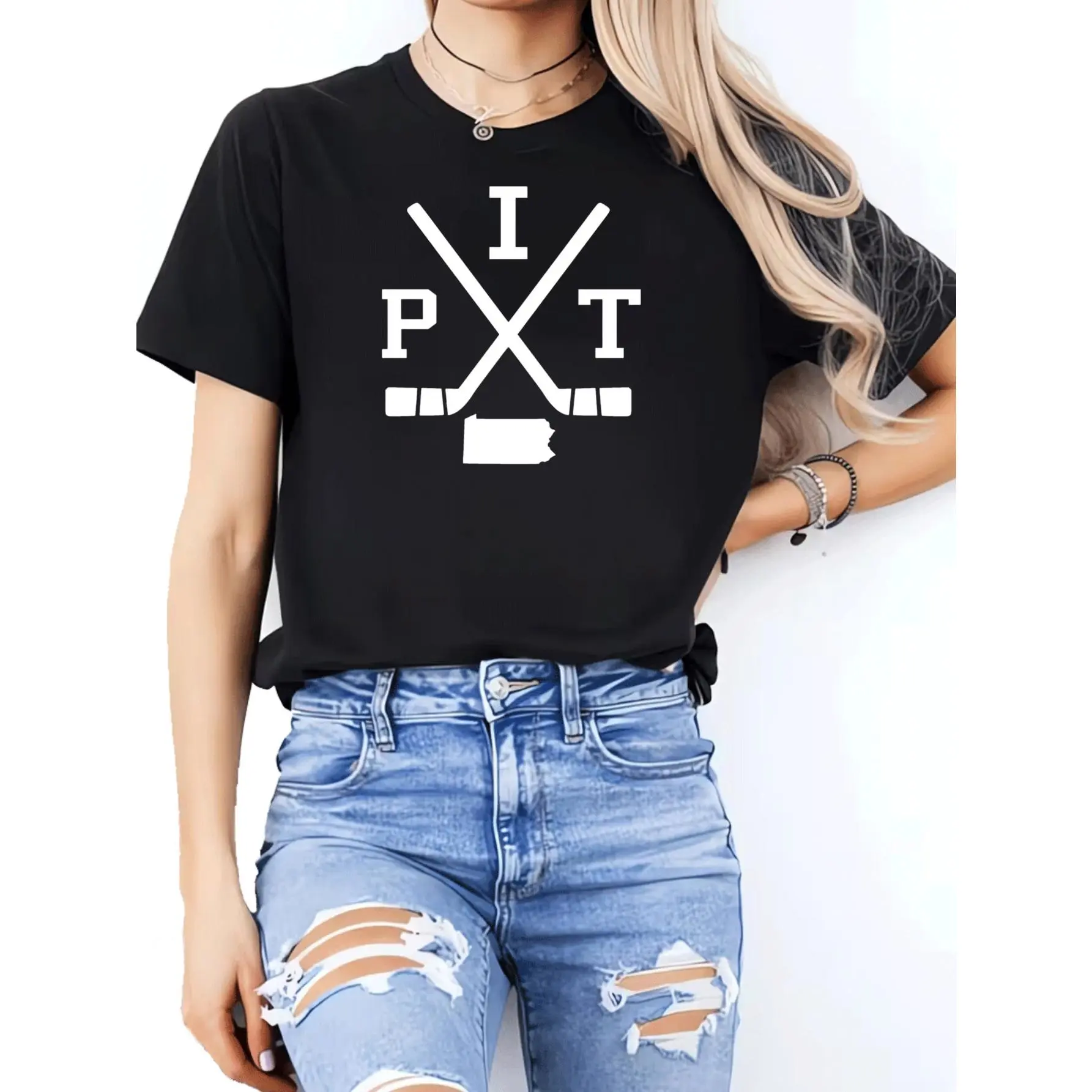 Women's Pittsburgh Hockey Crossed Sticks Digital Print Soft Cotton Blend Tee - Casual Sporty Streetwear for Game Days, Wedding, Thanksgiving, Easter, Valentine's Day