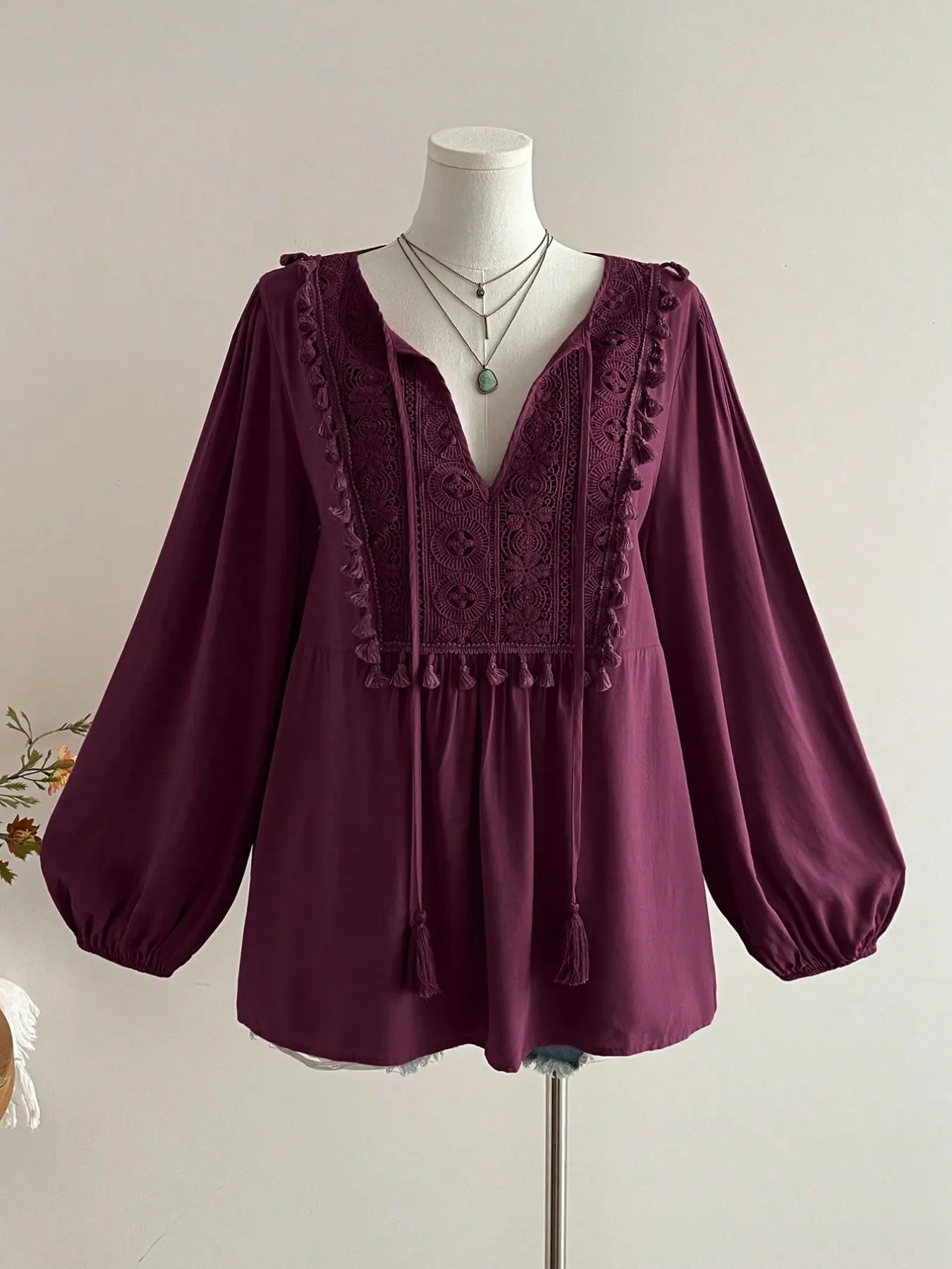 Plus Size Women's Boho Lace Patchwork Fringe Trim Solid Long Sleeve Top, Casual Elegant Vintage Shirt Blouse, Comfortable and Stylish