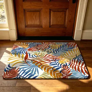 A rectangular indoor floor mat with a colorful tropical palm leaf pattern, featuring a soft, machine-washable carpet made of silicone and fleece with anti-slip edges. It's suitable for use as a dirt-resistant mat at the entrance, in bedrooms, bathr