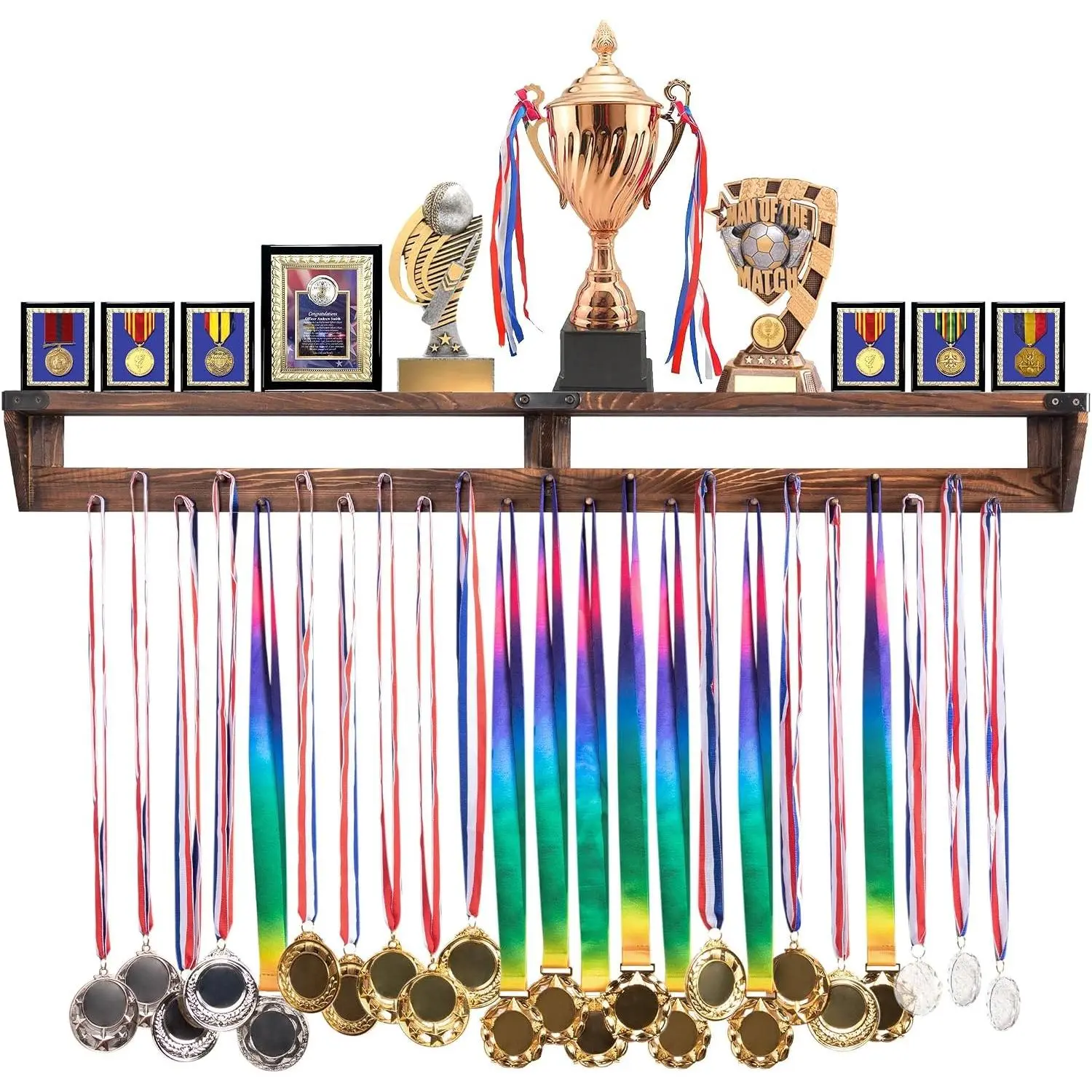 Wooden Wall-Mounted Gymnastic Race Medal Display Hanger with Storage Shelf, Trophy Rack Holder with 23 Hanging Bars