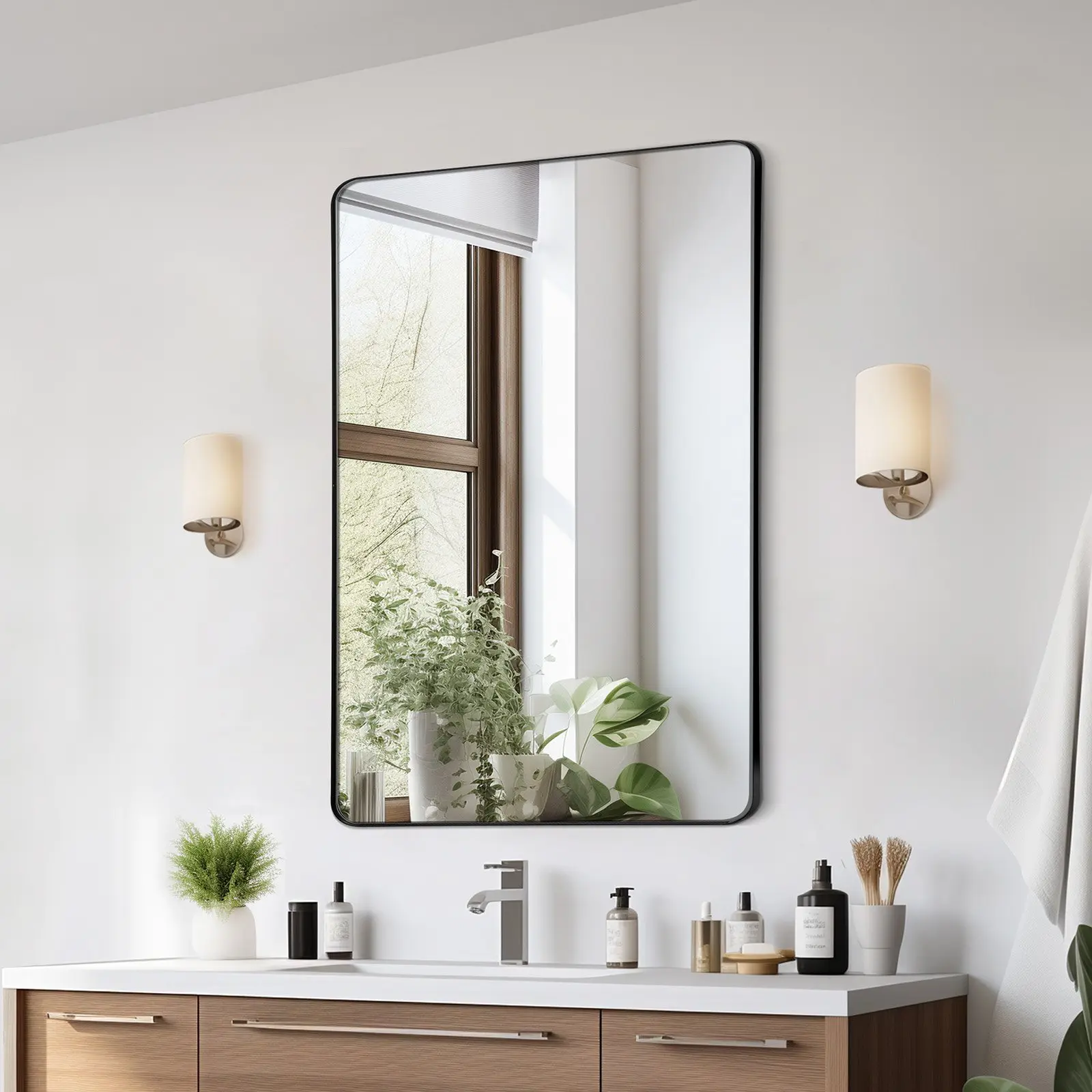 VEVOR Wall Mounted Makeup Mirror, 0.15" Thick, 30" x 40" Mirror with Aluminium Alloy Frame & Explosion-Proof Film, Scratch-Resistant Mirror with Z-Shaped Bracket, Fit for Bathroom/Bedroom/Living Room