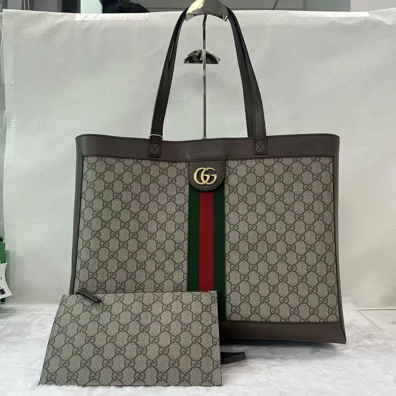 Pre-owned Authentic Gucci Ophidia Large Tote Bag Beige GG Canvas, Gold Accents, Tote Bags, Authentic Luxury Curation, Height 13.0 in, Depth 5.9 in, 17.3 in Width, Fast DHL FedEx Delivery (X524 26.06.03)