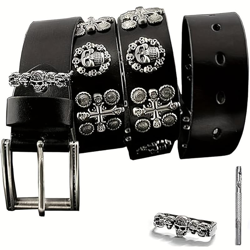 Men's Punk Genuine Leather Belts Biker Rock Skull Cross Black Waist Strap belt