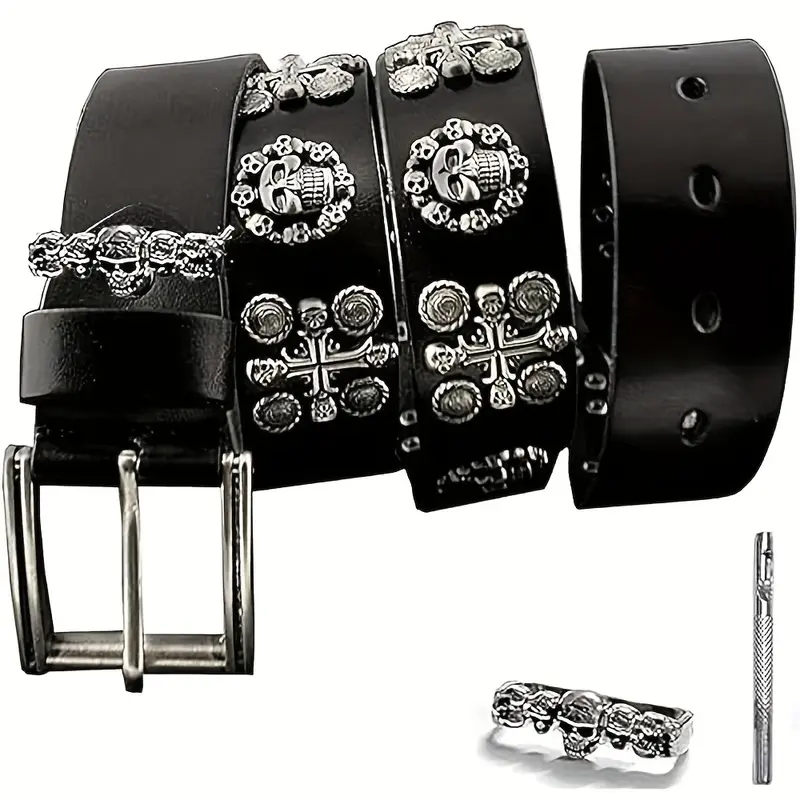 Men's Punk Genuine Leather Belts Biker Rock Skull Cross Black Waist Strap belt