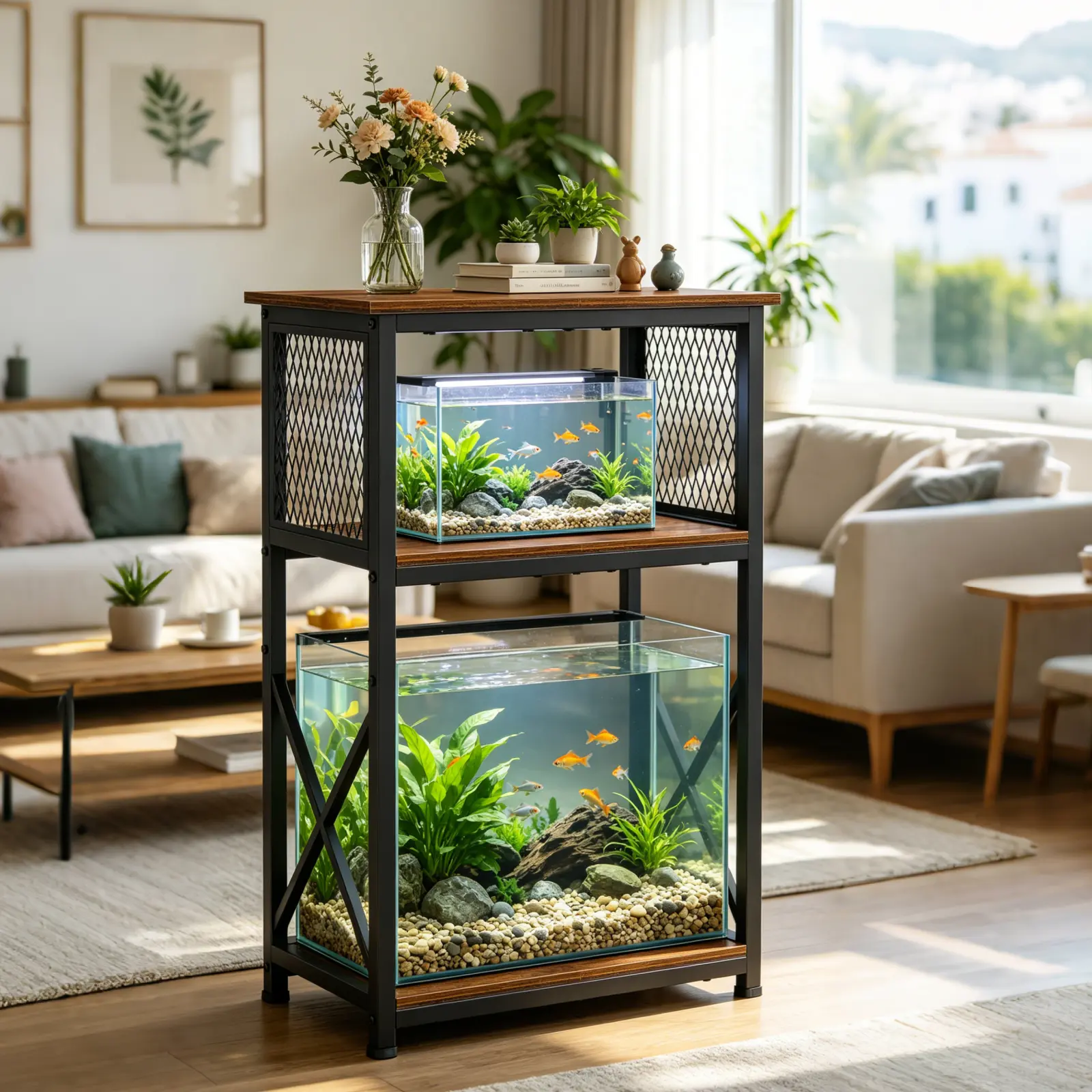Aquarium Stand, 3-Tier Fish Tank Stand with Storage | Heavy Duty Breeder Turtle Terrarium Stand Rack with 220 lb Top Shelf and Adjustable Feet