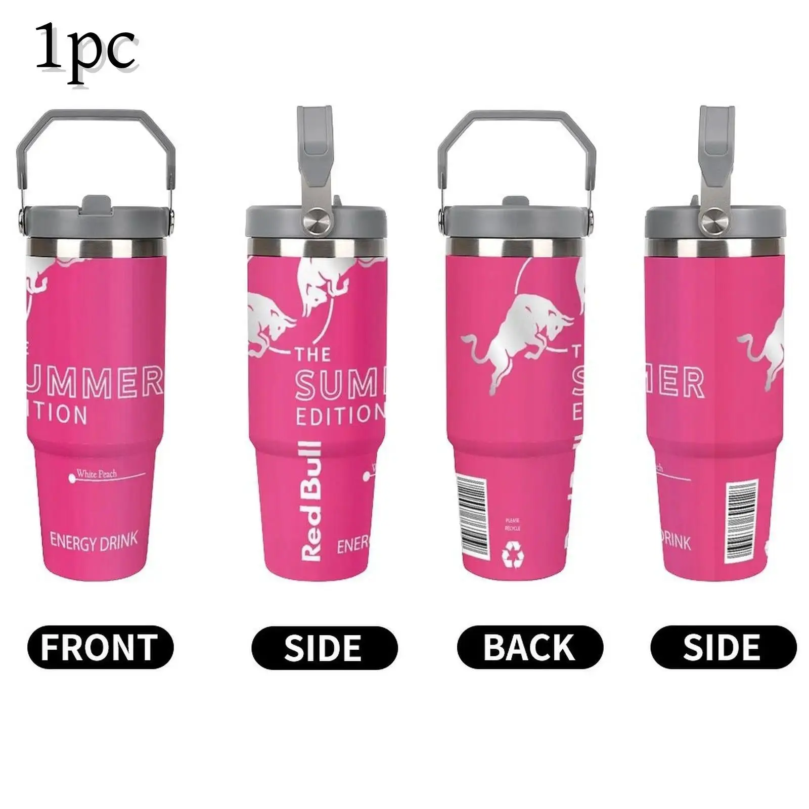 1pc 30oz Cylindrical Bull Leakproof Stainless Steel Insulated Portable Flask, Vacuum Tumbler with Carry Handle & Plant Print, Ideal for Camping & Outdoor Trips, Kitchenware Drinkware Hydration Container