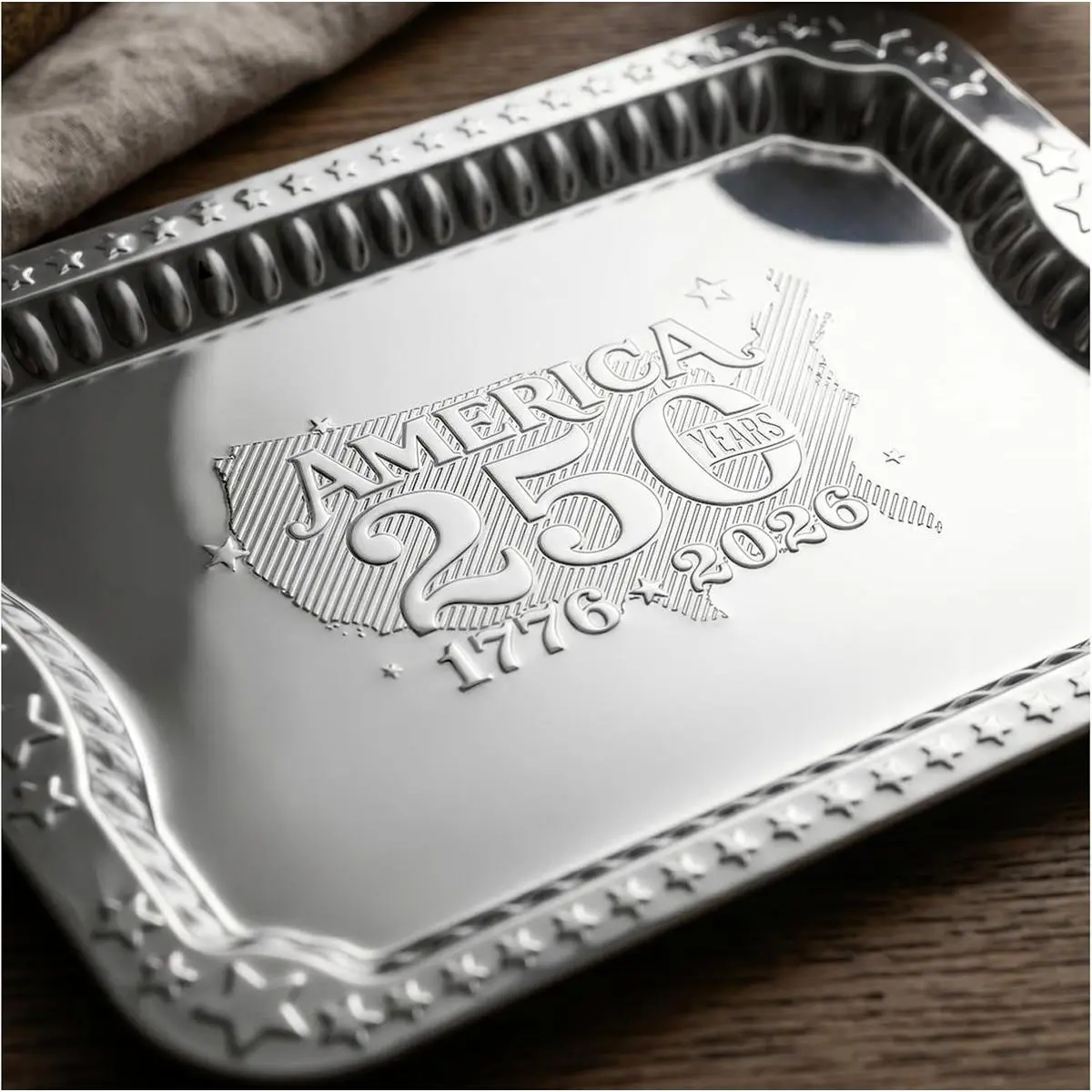 4 Pack America 250th Anniversary 1776-2026 Silver Serving Trays with 4 Patriotic Toothpick Flags, Gift Box 14.1" x 10.6" Stackable Rectangular Platters for July 4th Party, BBQ, Appetizers, Food
