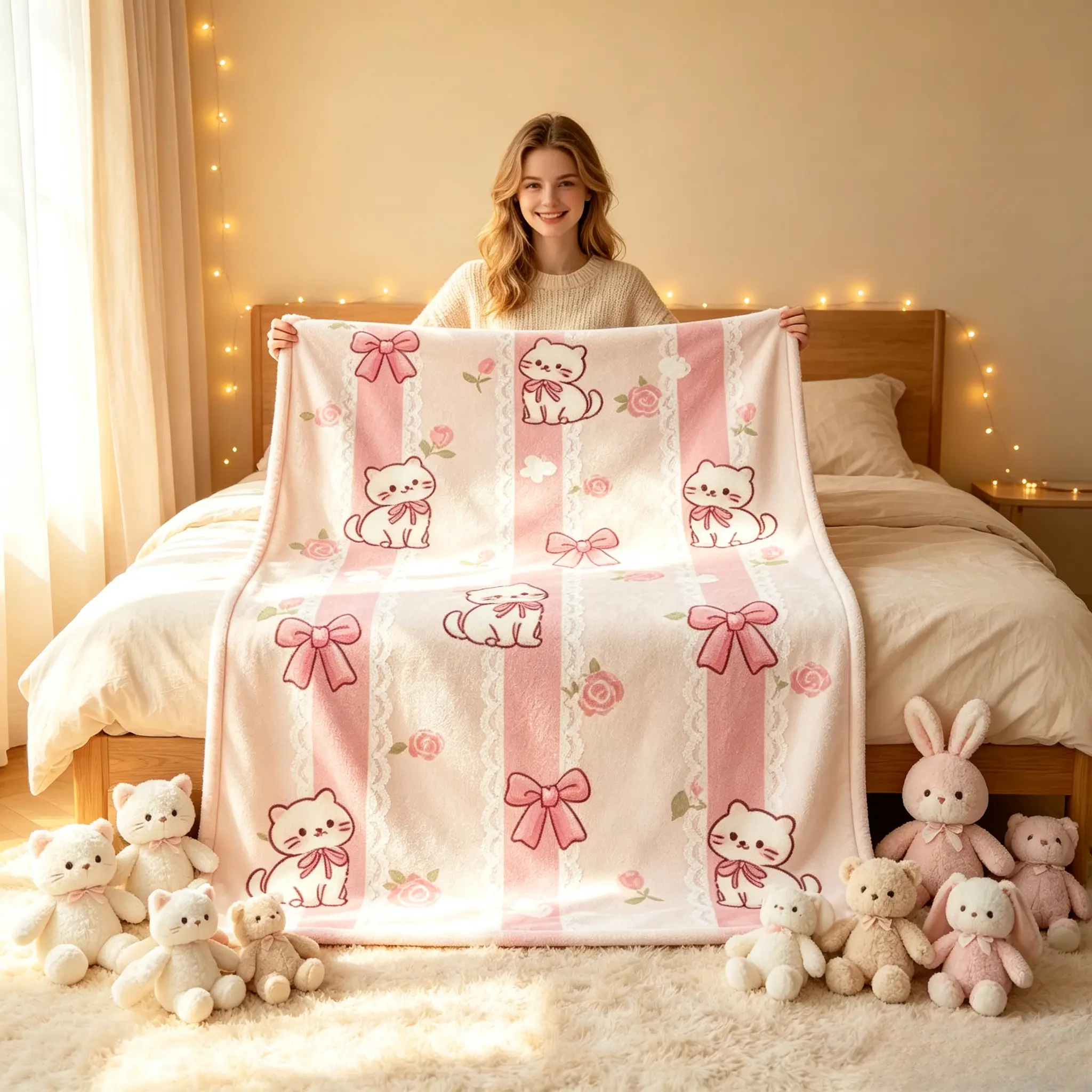 Cute Pink Coquette Cat Bow Rose Striped Flannel Throw Blanket, Soft Pastel Kitten Lace Floral Flannel Blanket, Sweet Aesthetic Cozy Blanket, Perfect Birthday Valentine Christmas Holiday Gift for Girls Teens Bedroom Sofa Decor TikTok Popular Amazon Must